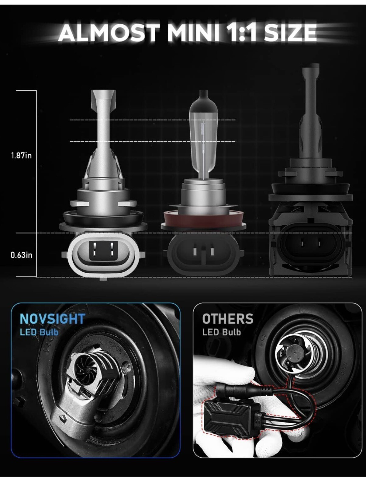 H11 9005 LED Bulbs Combo, 1:1 Size 9005/HB3