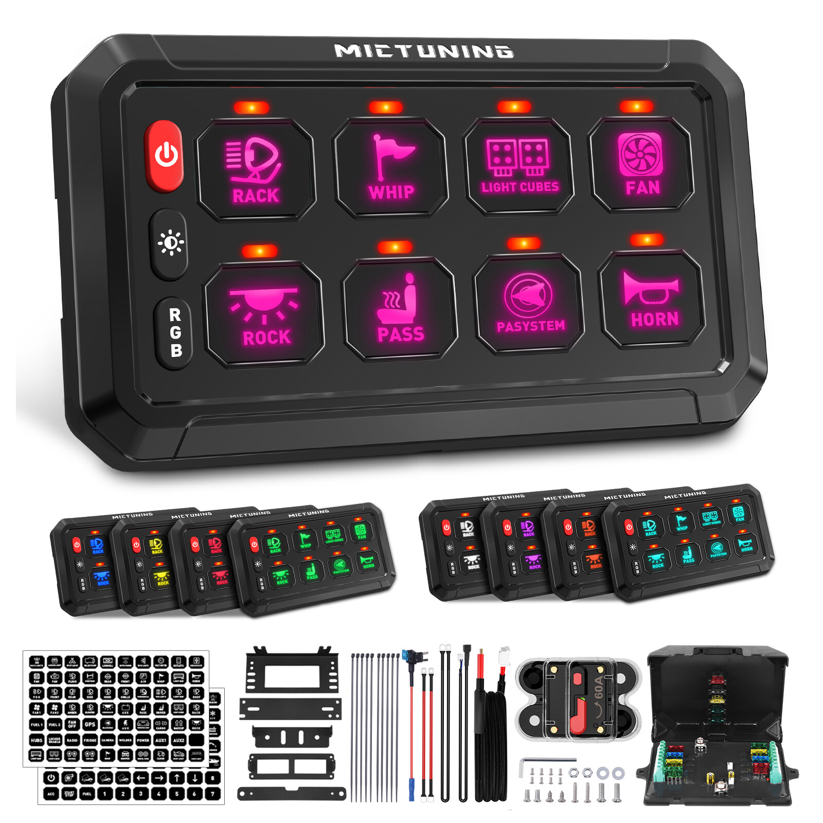 MICTUNING RGB 8 Gang Switch Panel LED Circuit Control Relay System Multipe Mode