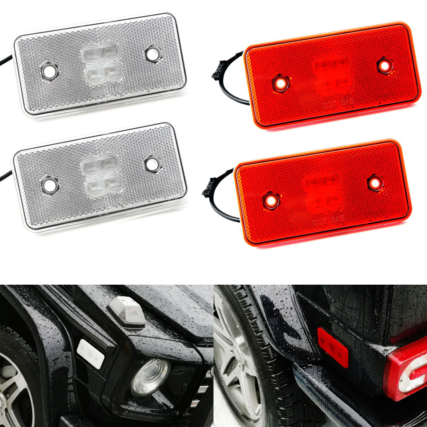 4pc Clear/Red Lens Amber/Red LED Side Marker Lights For 2015-18 Mercedes G-Class
