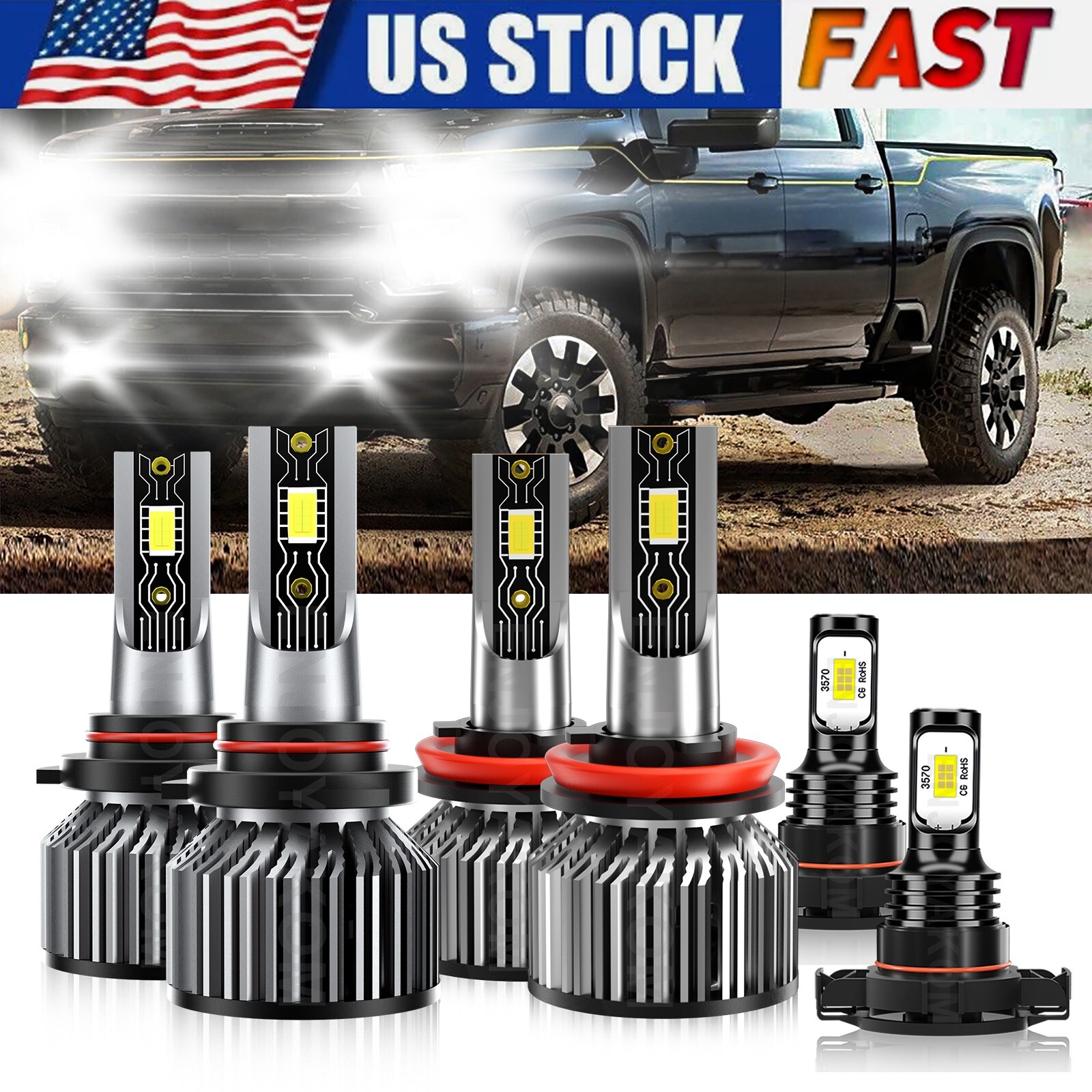 For Chevy Silverado 1500 2007-2015 6X LED Headlight Bulbs Hi/Lo Beam + Fog Light