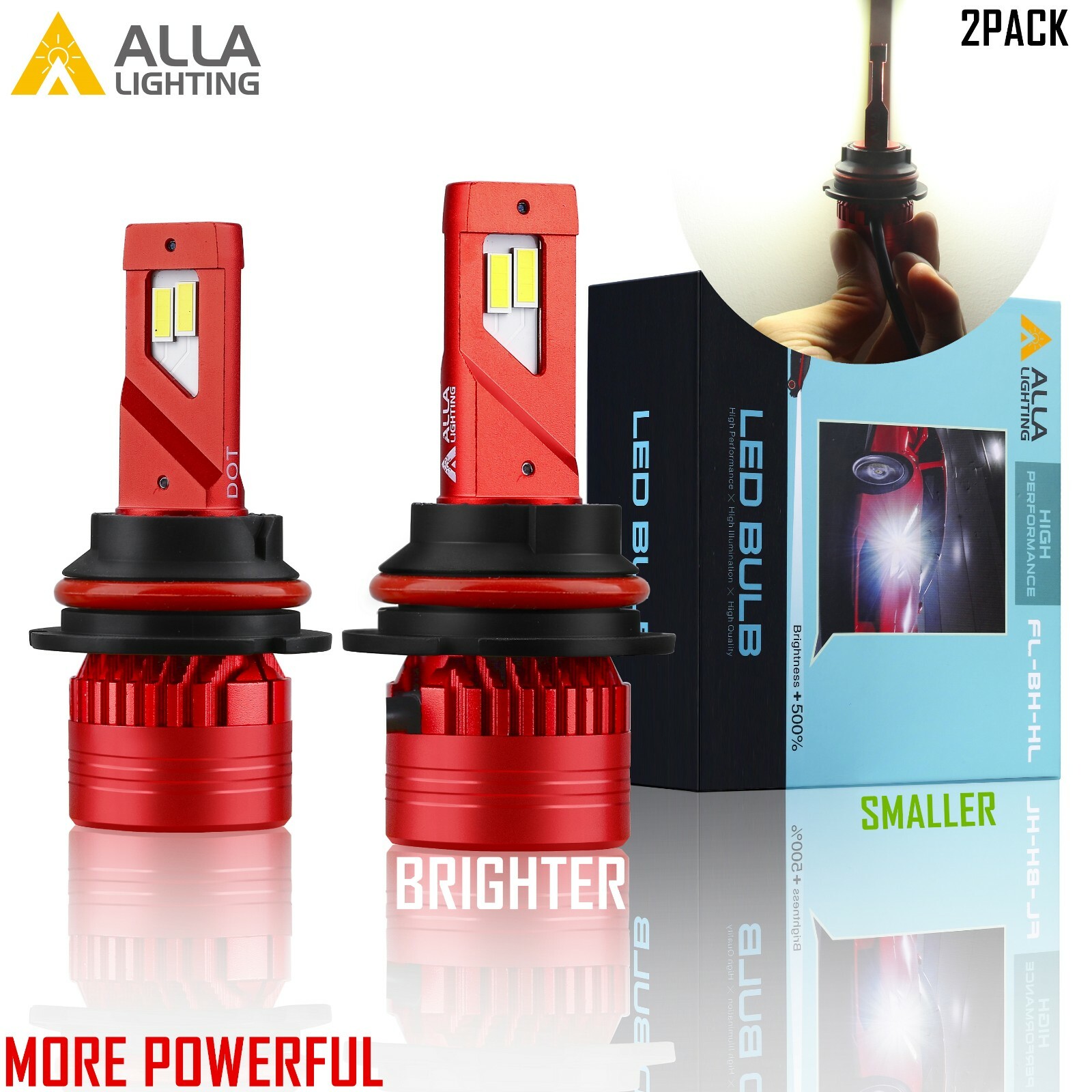 Alla Super Bright LED Pure White 9004 Headlight Bulb Replacement, Light on Road