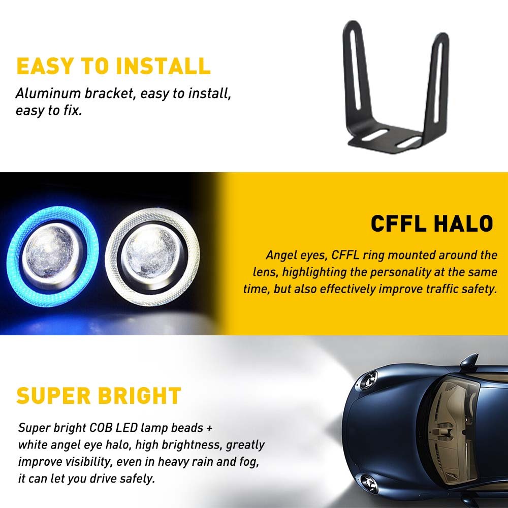 1/2Pair 2.5″ COB COB LED Projector Car Angel Lights Eye DRL Halo Ring Drive Fog