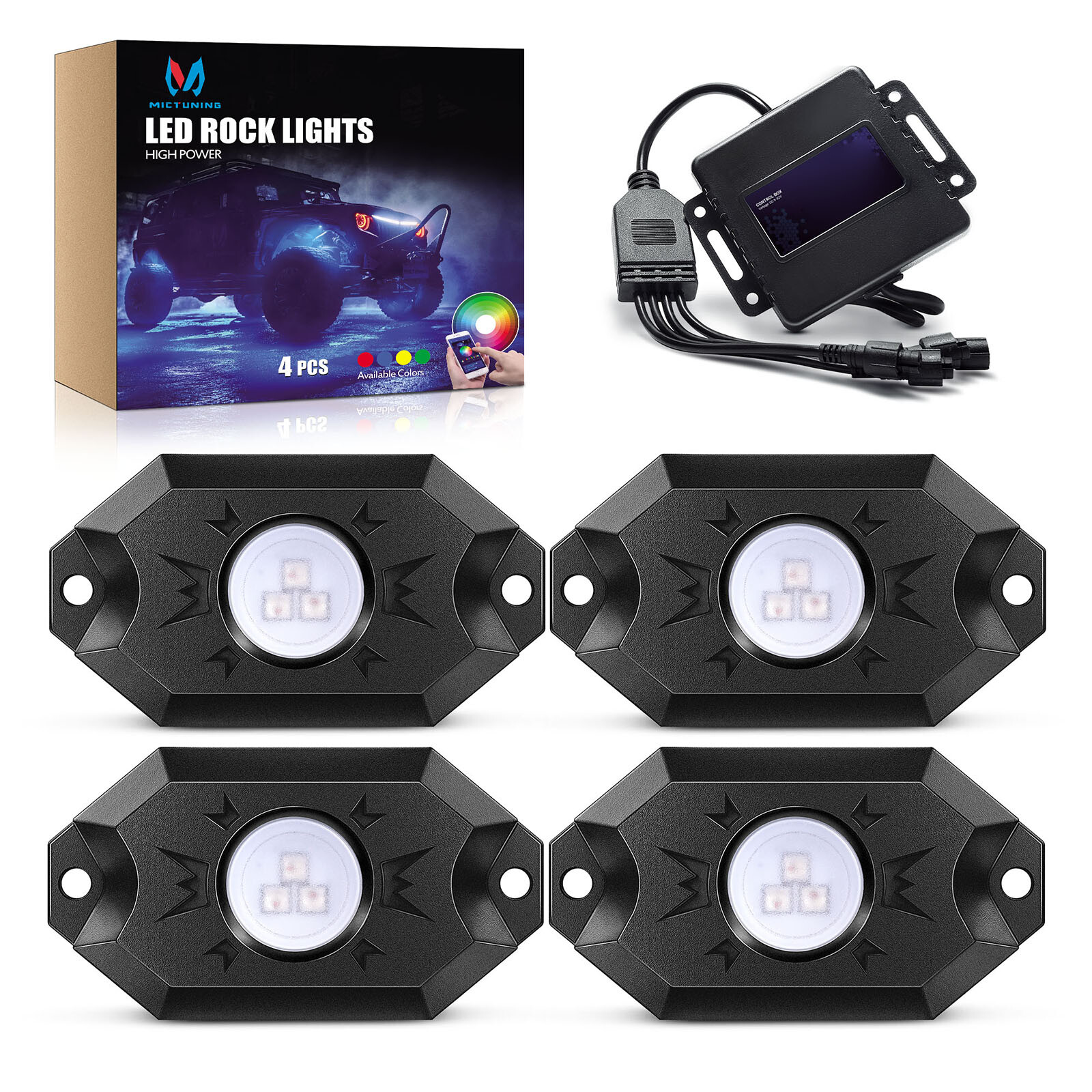 MICTUNING C1 C2 Q1 RGBW LED Rock Lights Underglow Underbody Lights, Remote / APP