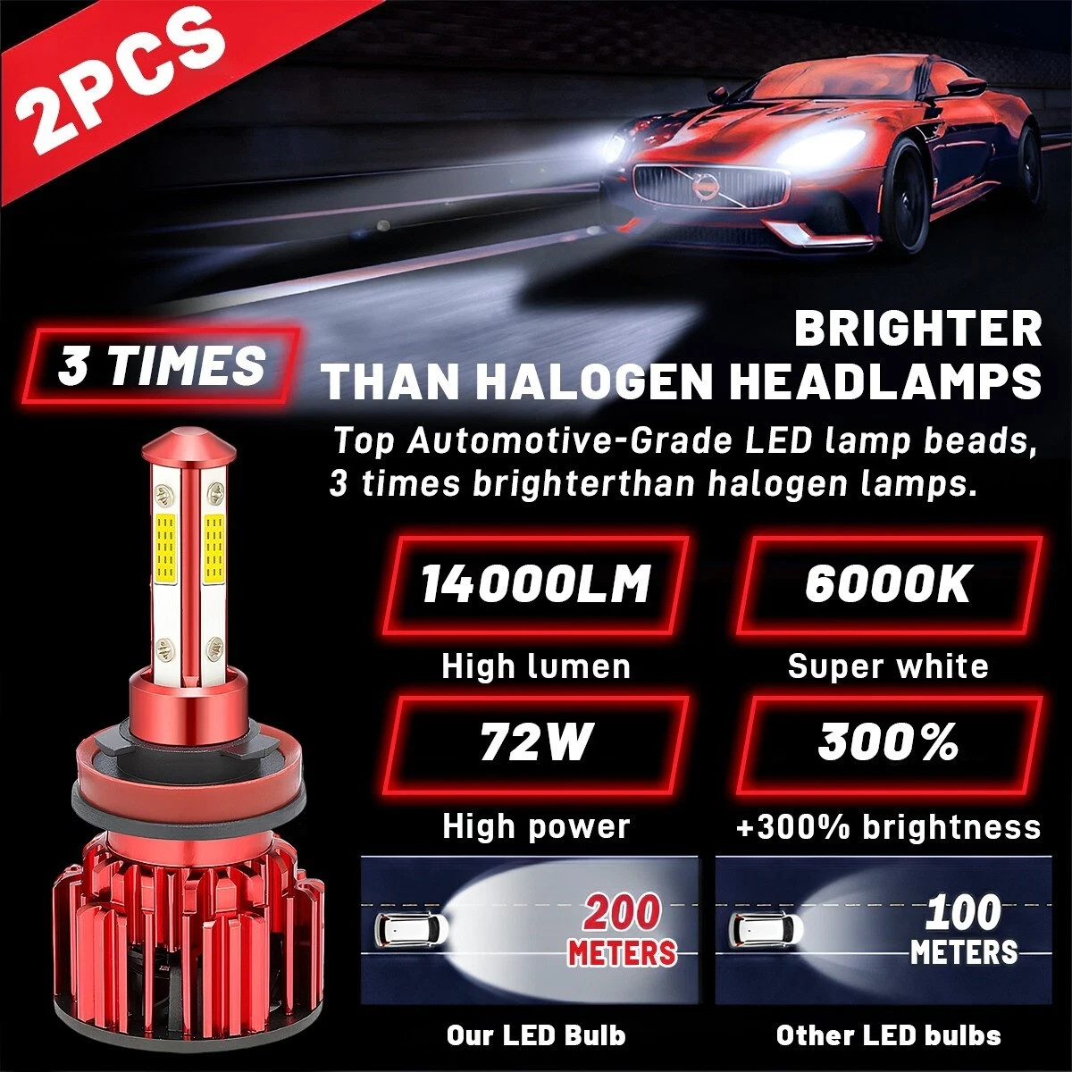 4-Sides H11 LED Headlight Kit Low Beam Bulb Super Bright 6500K White 1000000LM