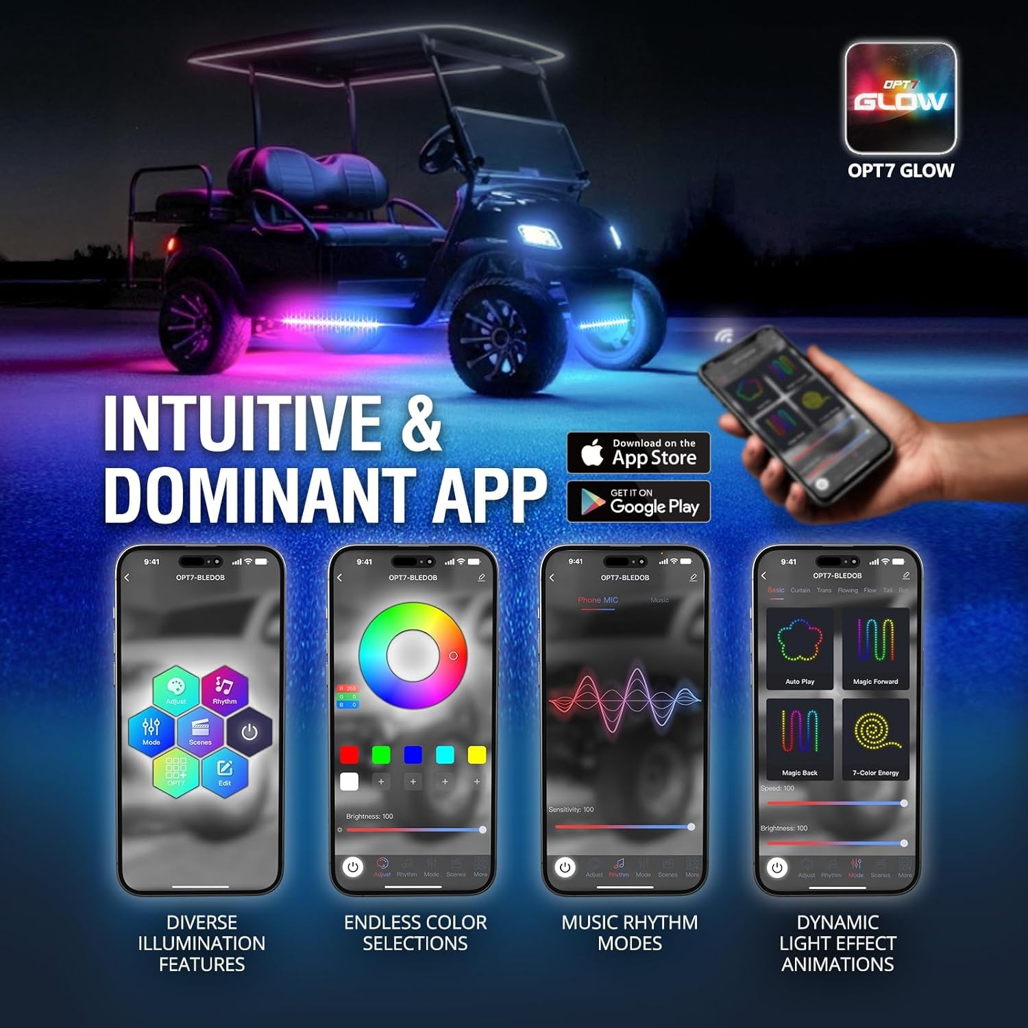 OPT7 6PC DreamColor Golf Cart Underglow LED Light Bar EZGO Yamaha APP+Remote