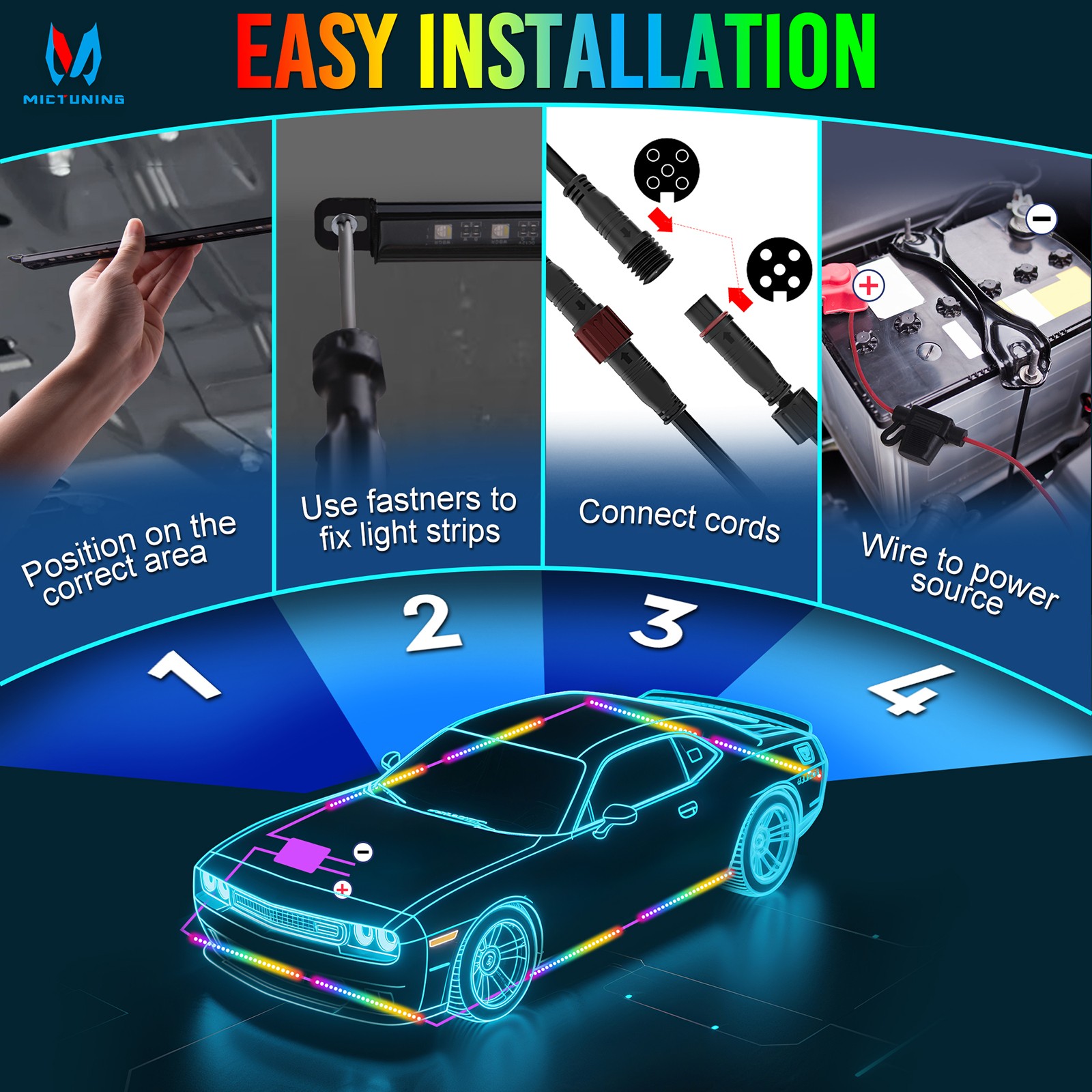 8PCS RGBW Underglow Light Bars, Exterior Neon Accent Underbody LED Light strips