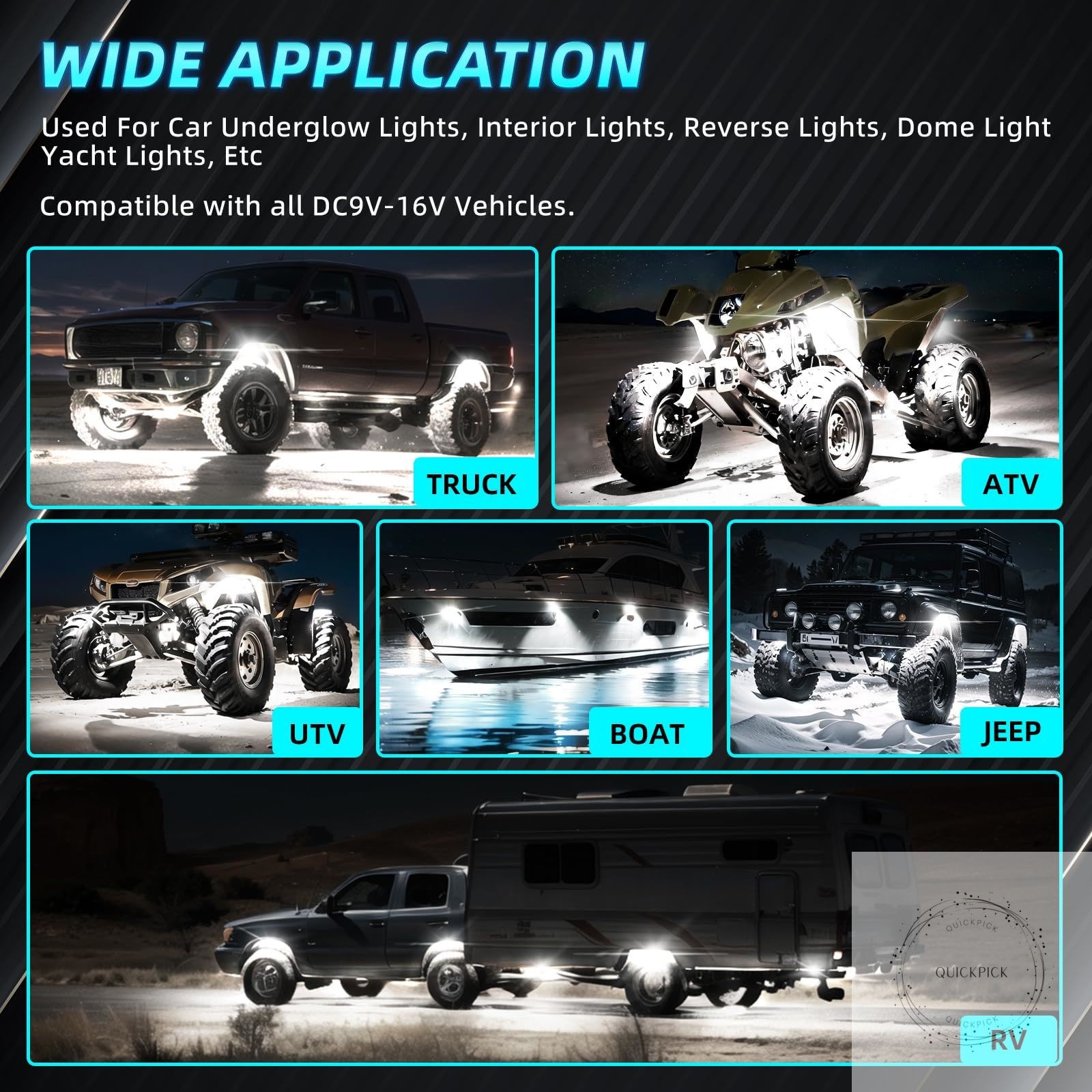 8Piece Bright Pure White LED Rock Lights Kit 6500K with Wiring Harness Power Kil