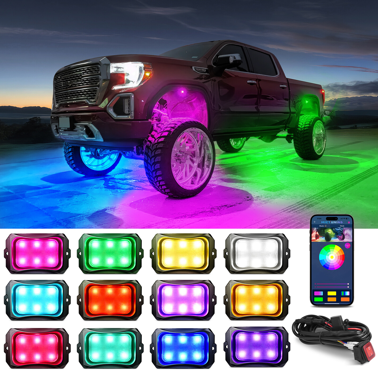 8/10/12 Pods RGB LED Rock Lights Offroad Truck APP Underbody Underglow Neon Kit