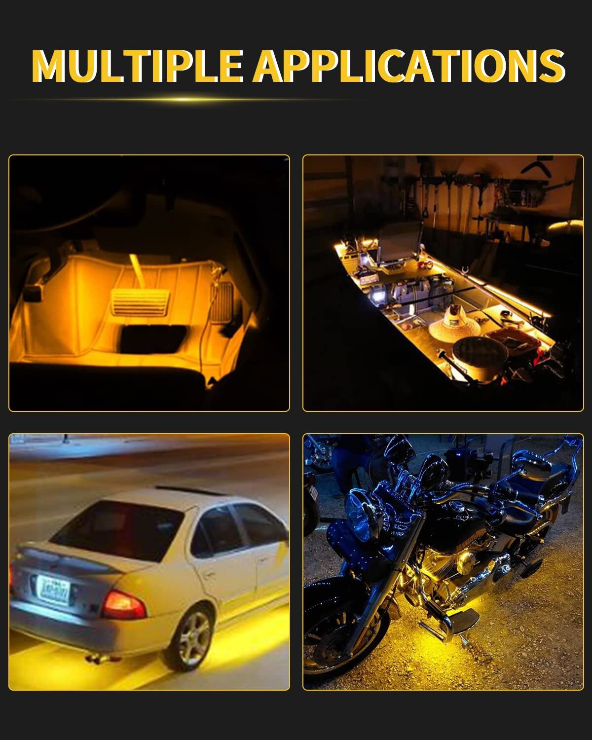 4 Pack Yellow Car LED Strip Lights 12inch 36SMD IP68 Waterproof 12V Golf