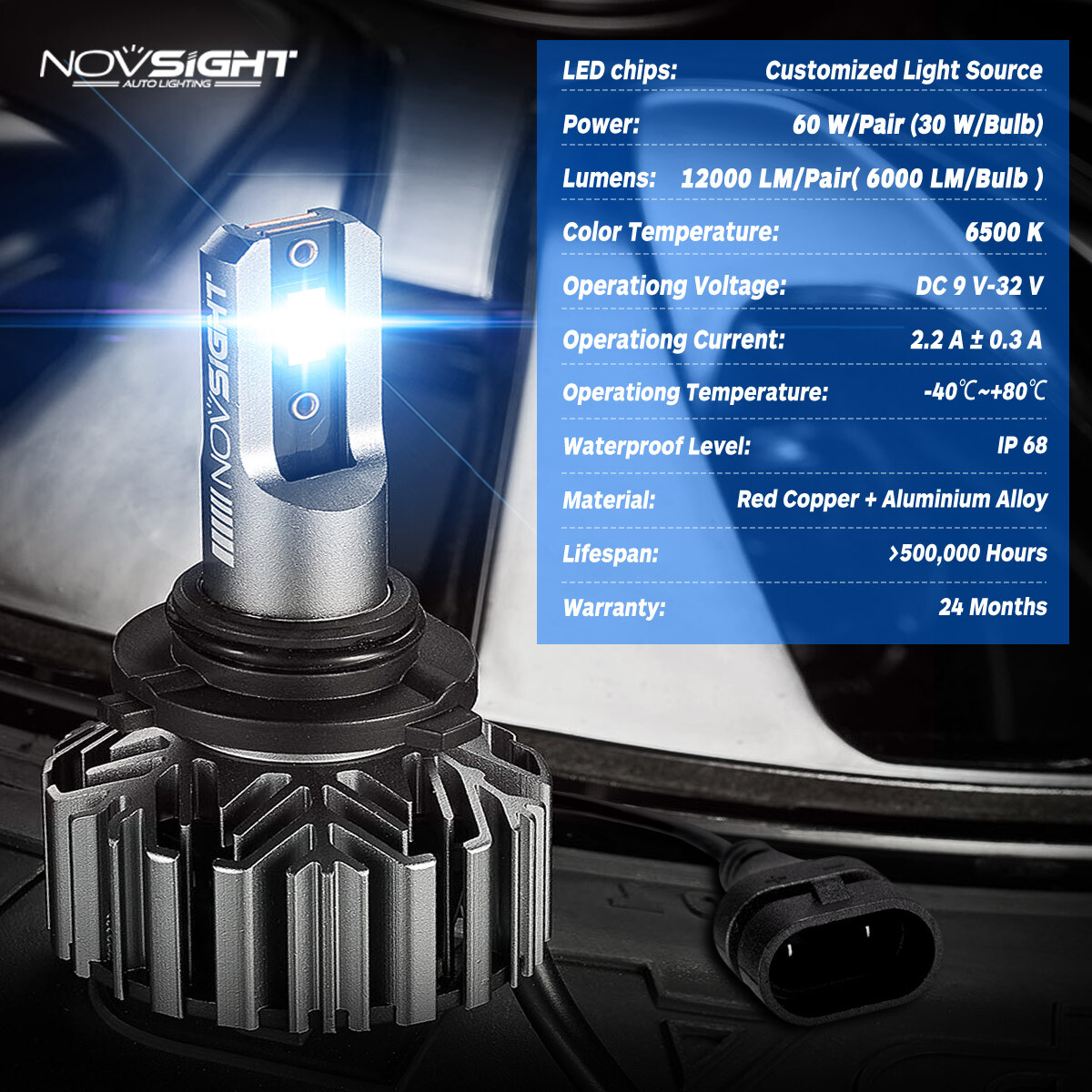 NOVSIGHT 2x 9005 LED Headlights Bulbs High Low Beam 6500K White 12000LM 60W Lamp