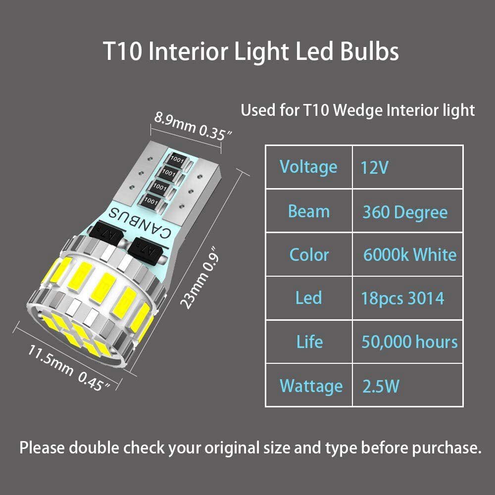 100pcs 194 LED Light Bulb 6000K White 168 2825 W5W T10 Wedge 18-SMD Car Dome Map