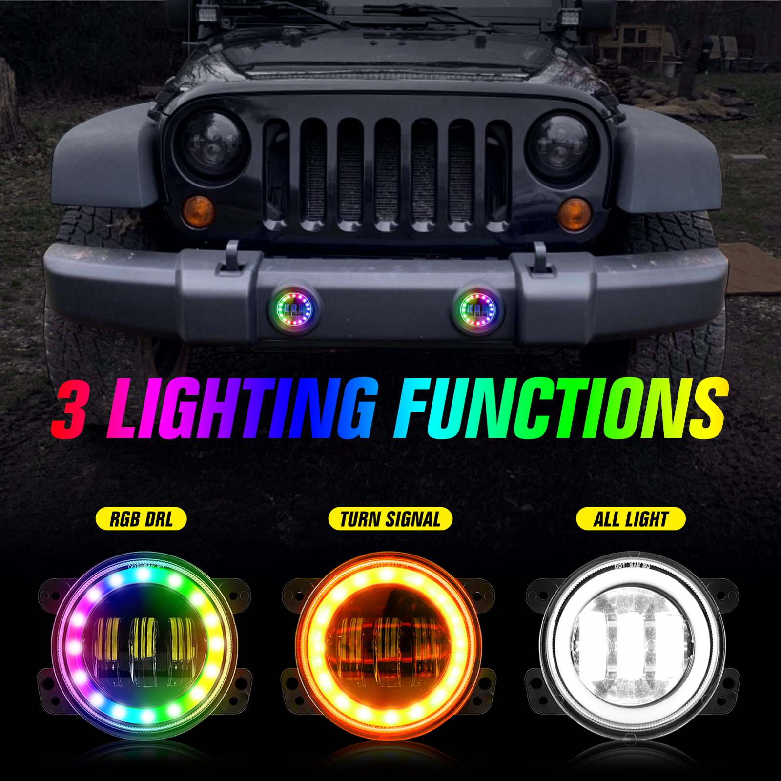 4“ Round LED Fog Lights Driving Halo Combo Kit For Jeep Wrangler JK TJ LJ Dodge