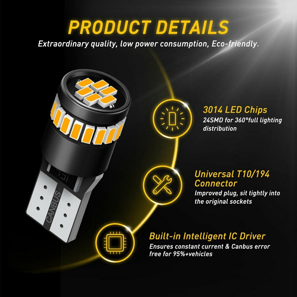 CNABUS Amber/Yellow T10 W5W LED License Plate Interior Light Bulb For Chevy Ford