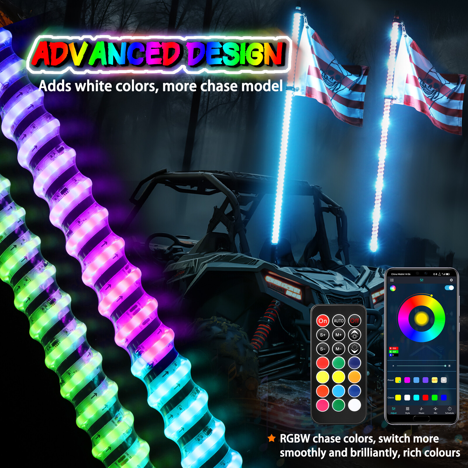 For Can-am Maverick X3 Pair 2FT Spiral RGB LED Whip Lights Wireless APP & Remote