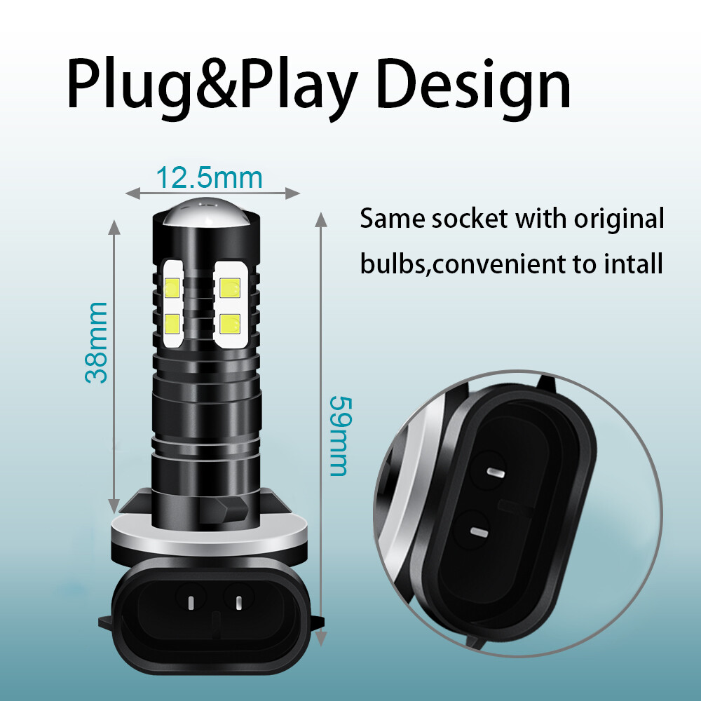 2Pcs 881H27W/2 50W 4000LM White 6000K LED Fog Light Running Bulb Super Bright