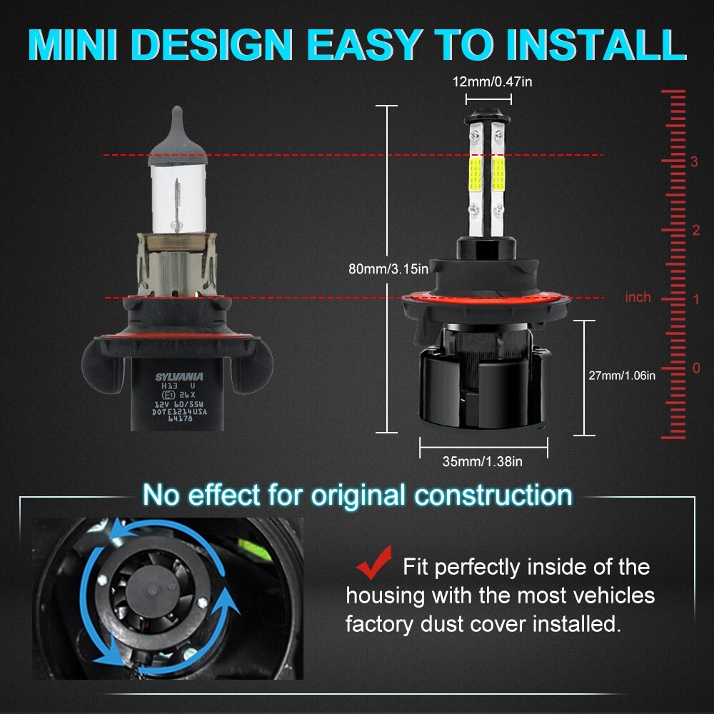 H13 9008 LED Headlight Bulbs Kit High Low Beam 6500K Super Bright White 720000LM
