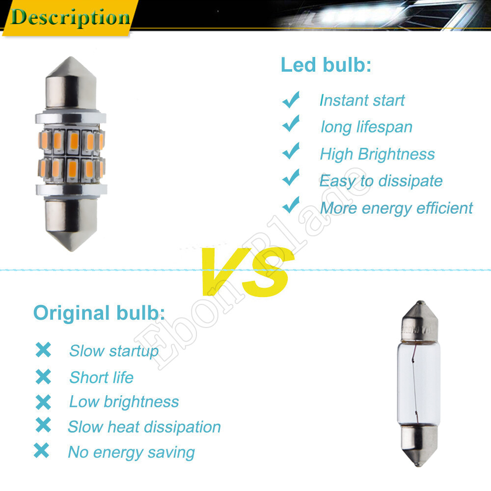 2 X 31mm C5W LED Bulbs For Car Festoon Dome Map Lights Amber Yellow Orange 12V