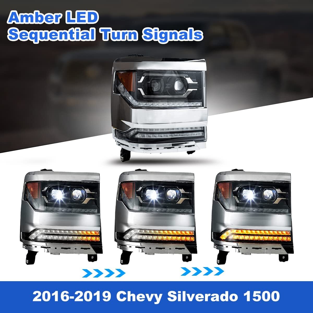 For 2016-2019 Chevy Silverado 1500 LED Headlights Chrome Trim Projector Headlamp