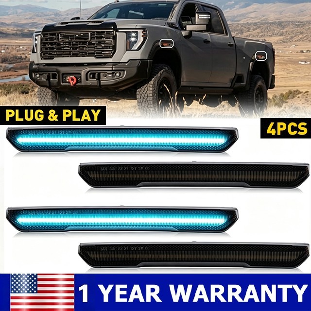 Smoke Lens Bule Side LED Marker Fender Lights For GMC Sierra 2500HD 3500HD 20-24