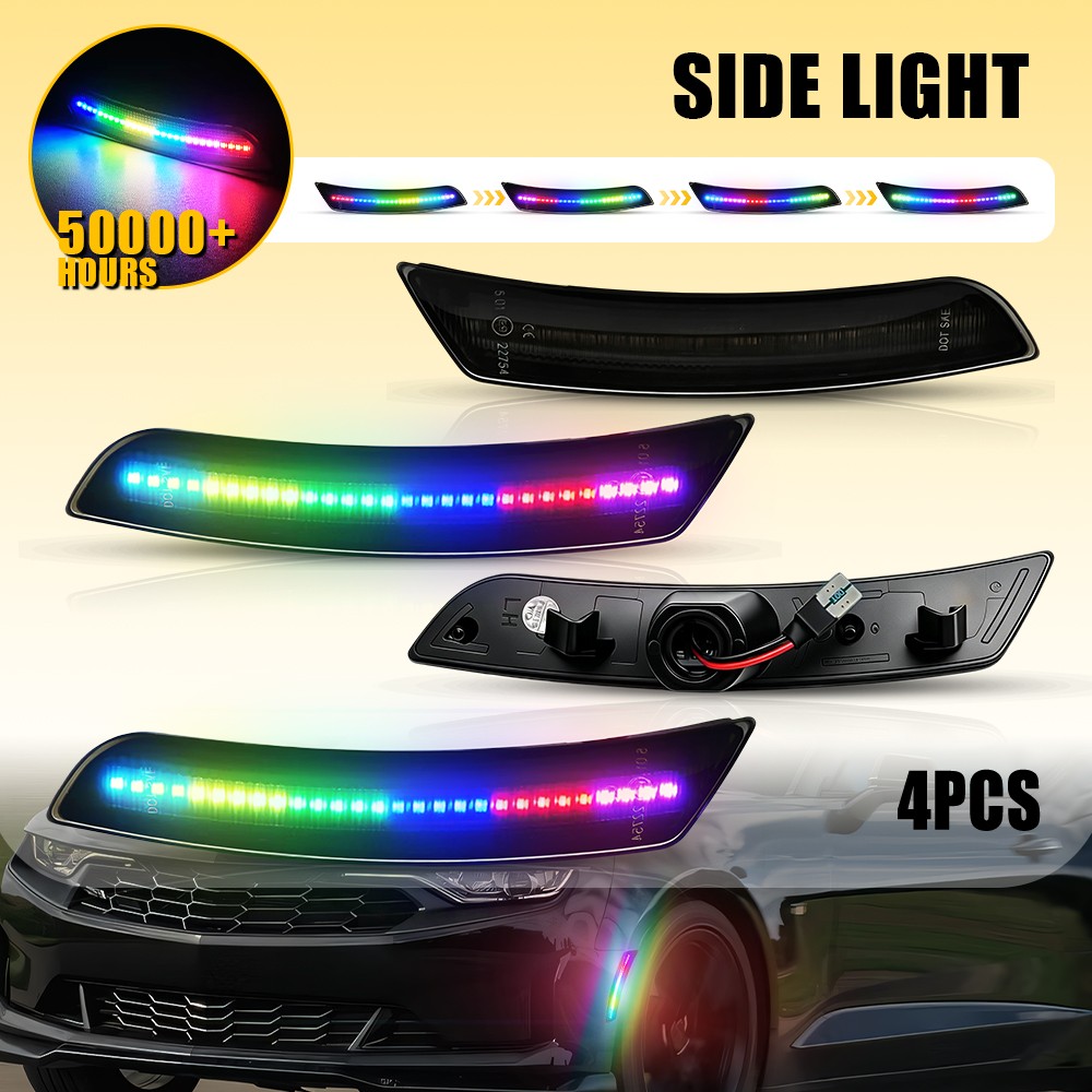 Colorful Flowing Light 4X For Chevy 2016-23 Camaro Smoked LED Side Marker Lights