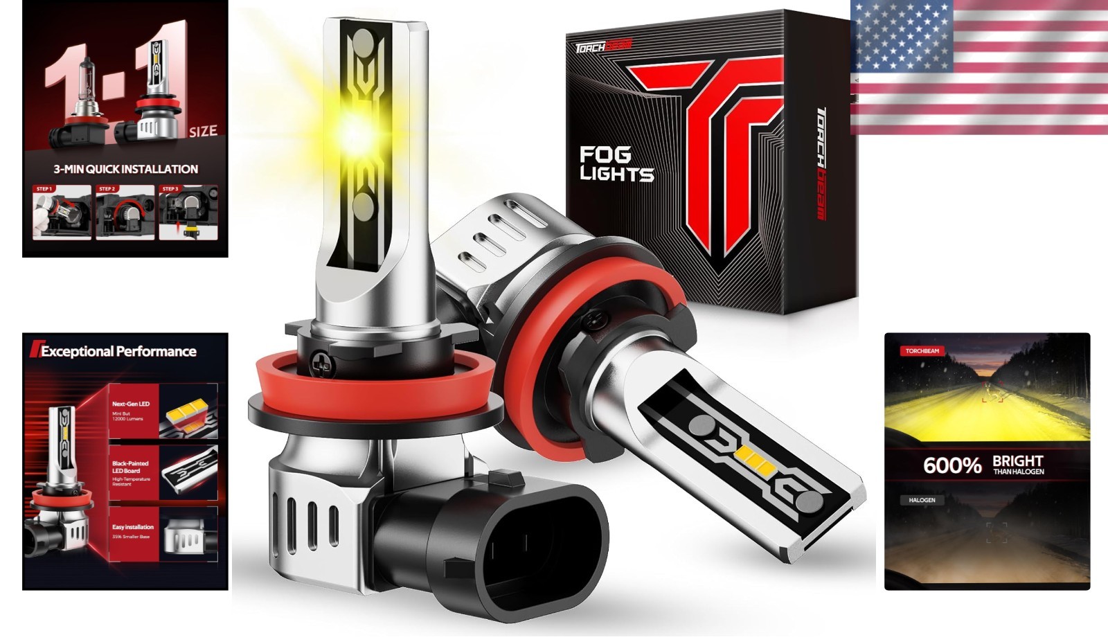 Ultra-Bright 12000 Lumens H11/H16/H8 LED Fog Light Bulbs, Waterproof Design