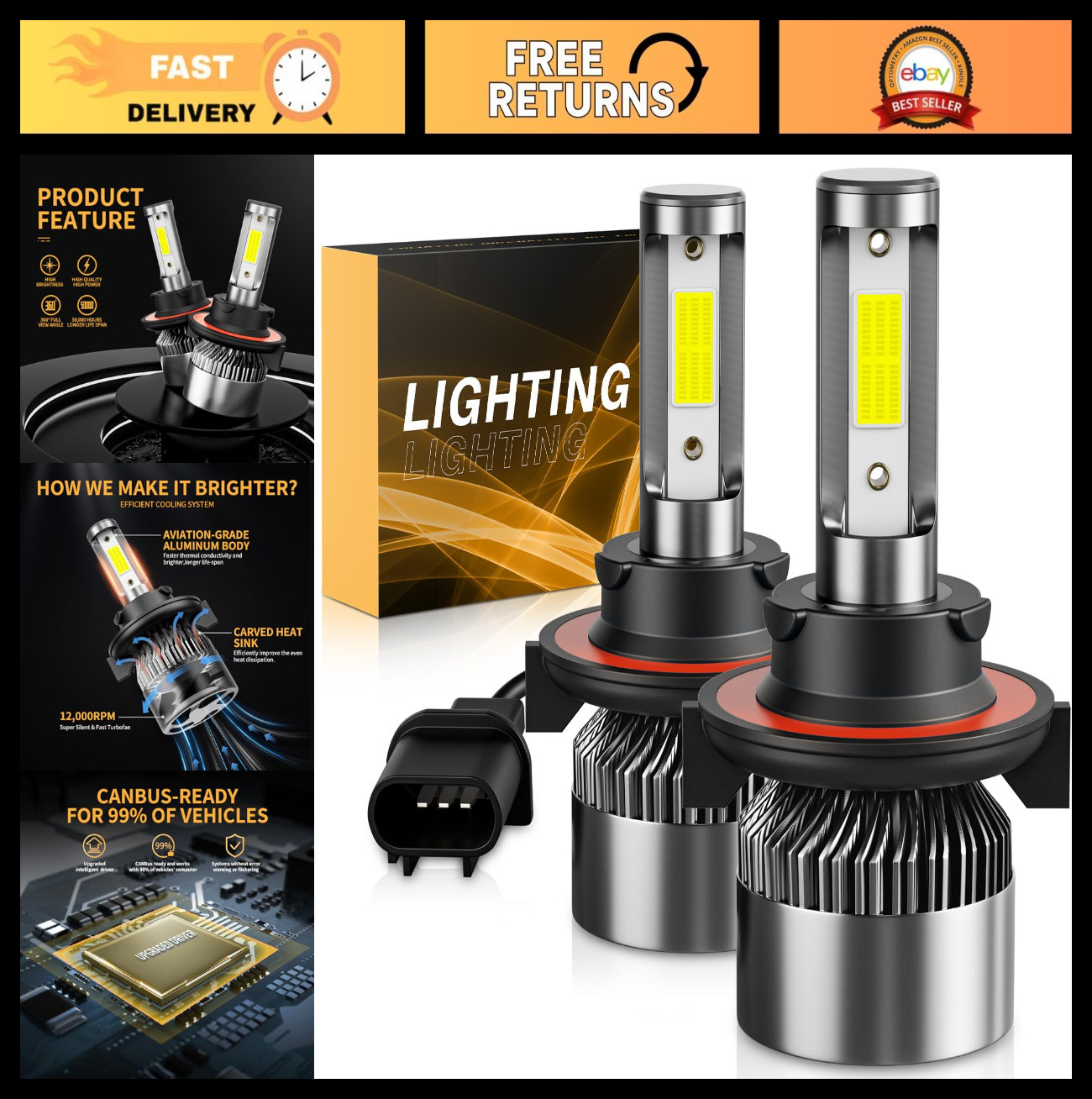 6500K Cool White Off-Road LED Bulbs 60000LM, IP68 Waterproof, Plug & Play, 2-Pac