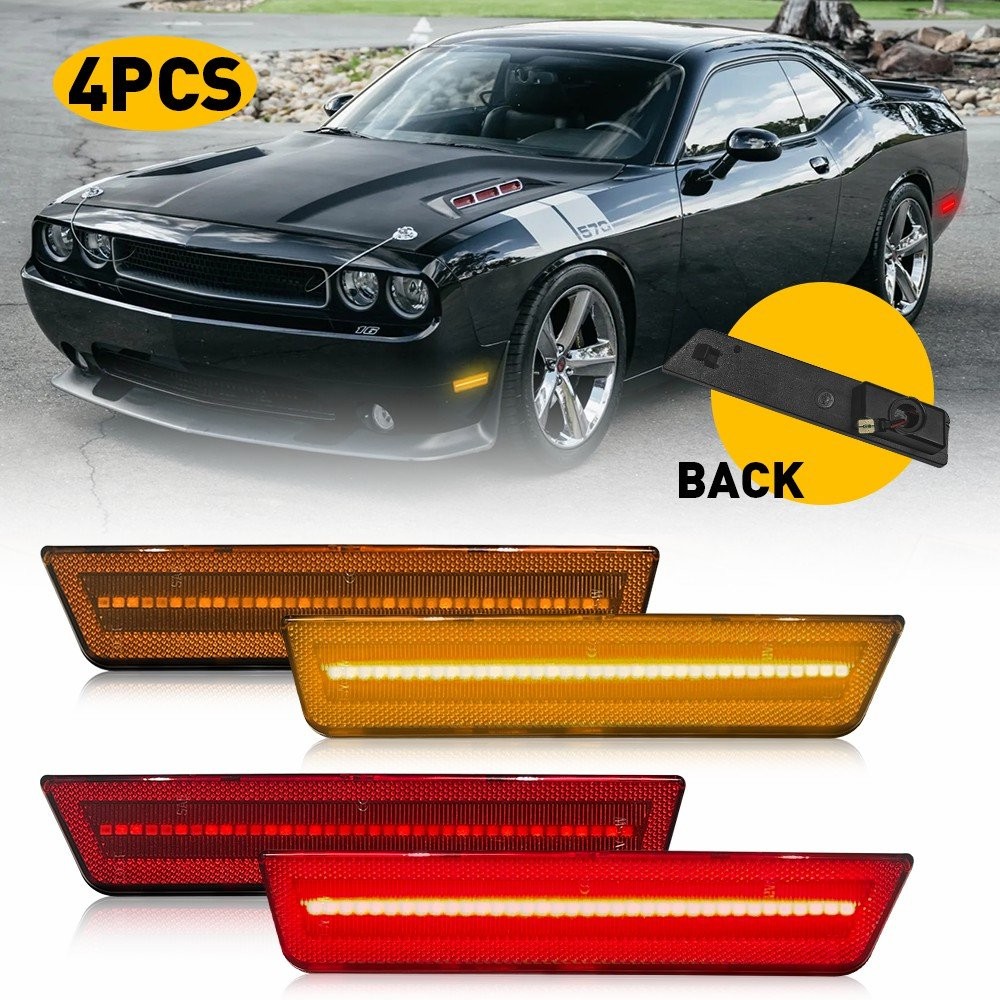 2/4x Front Amber+Rear Red LED Bumper Side Marker Light ForDodge Challenger 09-14