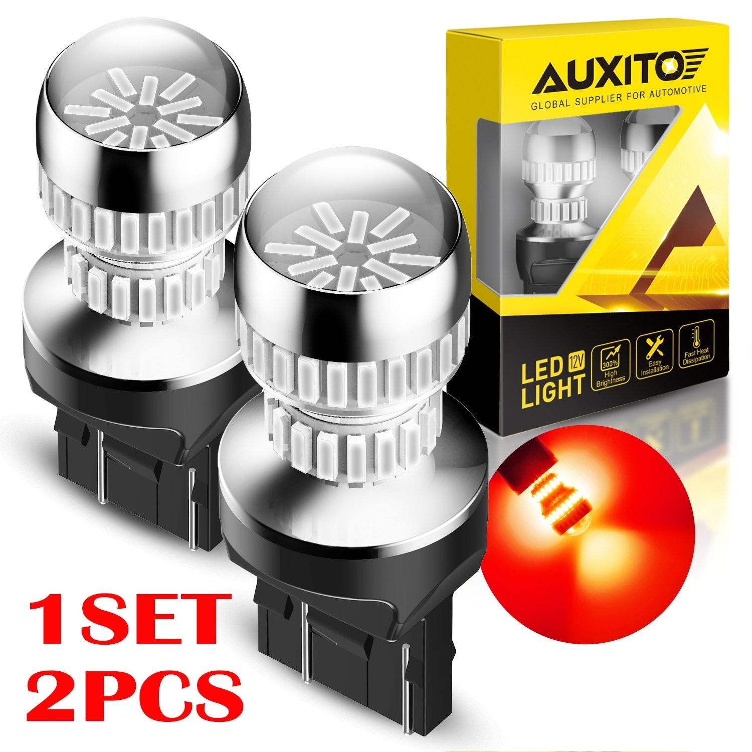 AUXITO 7443 LED Red Strobe Flash Brake Stop Tail Parking Light Bulbs CANBUS 54H