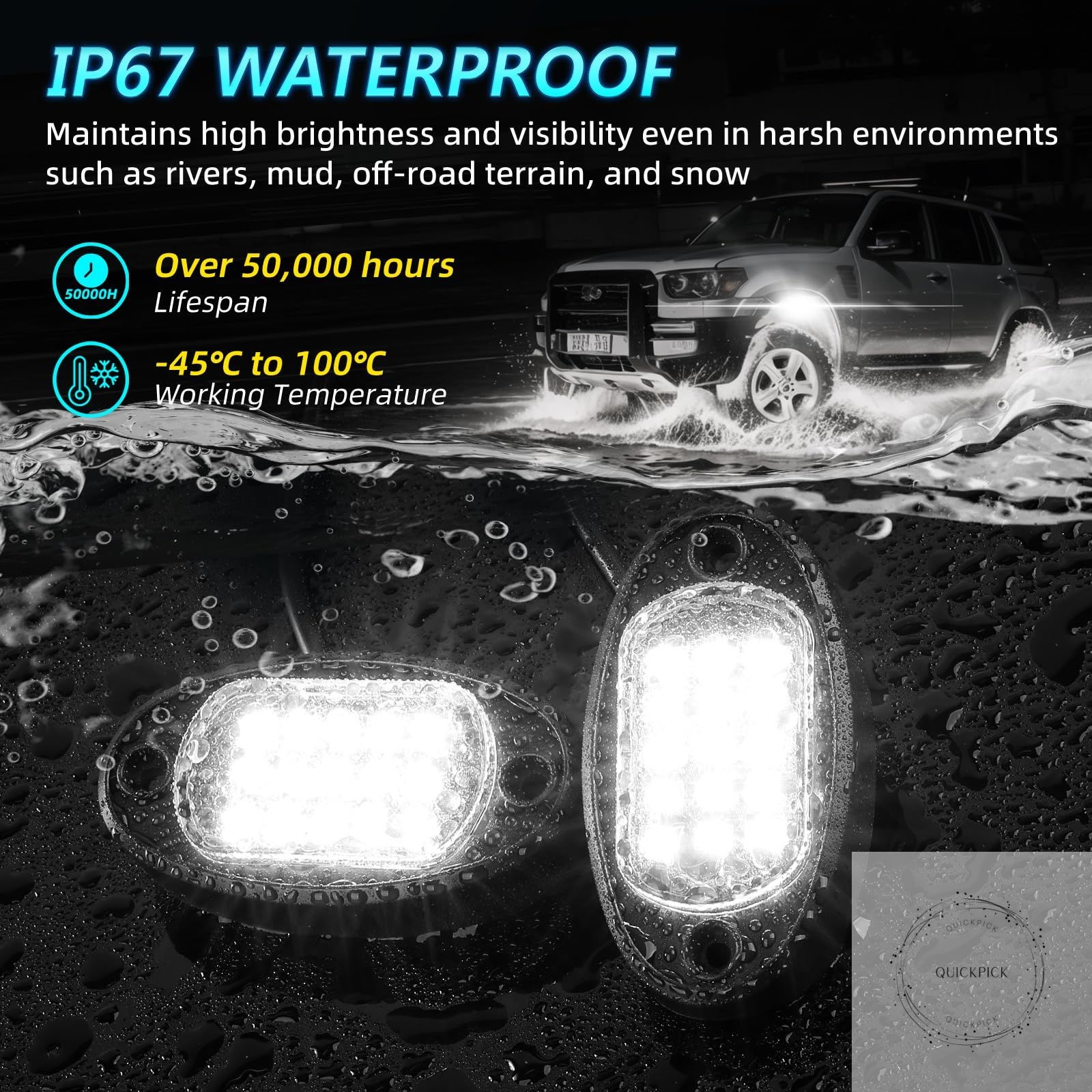 8Piece Bright Pure White LED Rock Lights Kit 6500K with Wiring Harness Power Kil