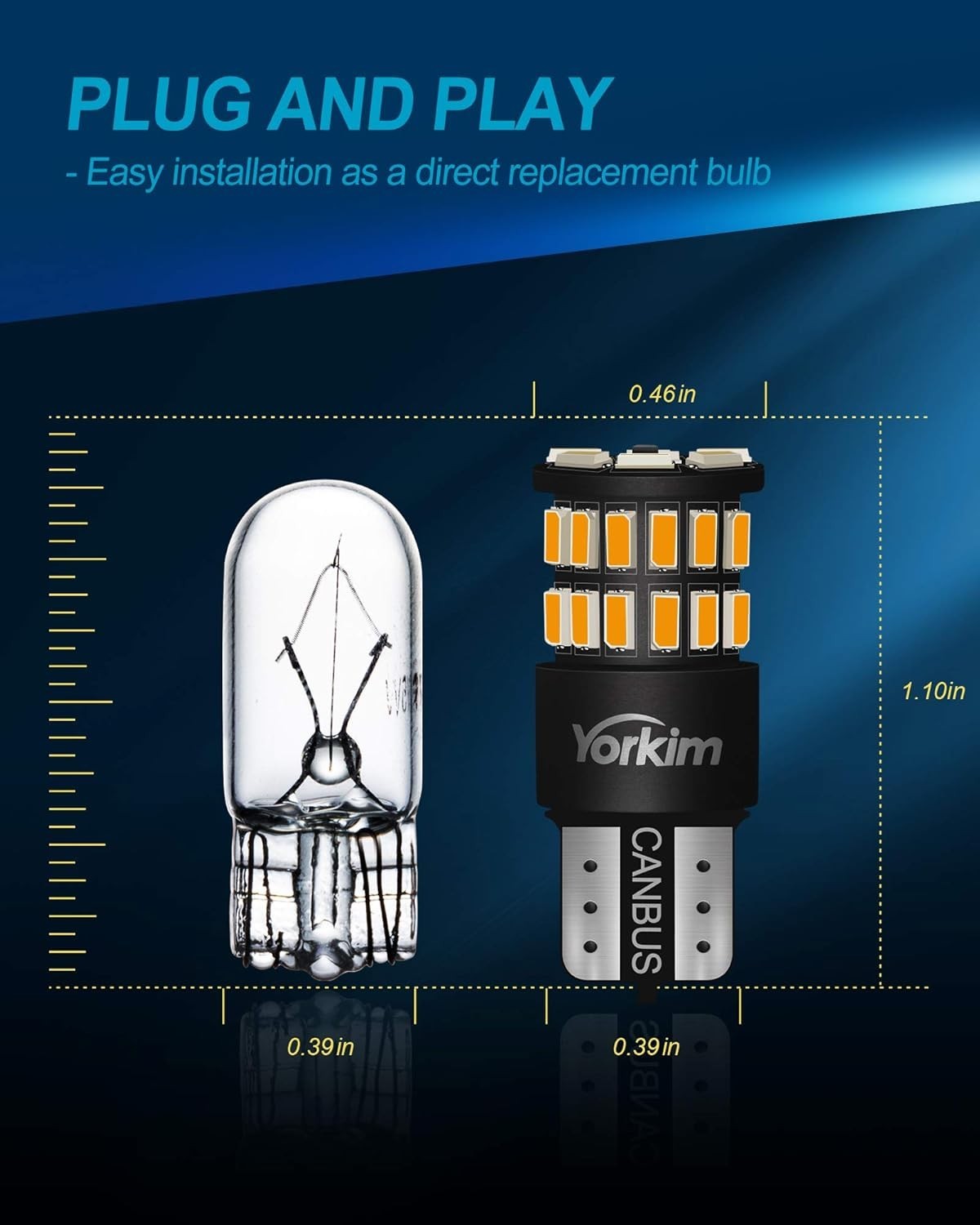 High Brightness Amber 194 LED Replacement Bulbs – 2 Pack, 50000 Hours Life