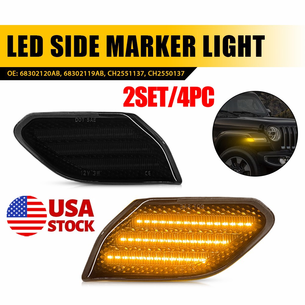 4PC Smoked Lens LED Side Marker Light Fender For 2018-26 Jeep Wrangler Gladiator
