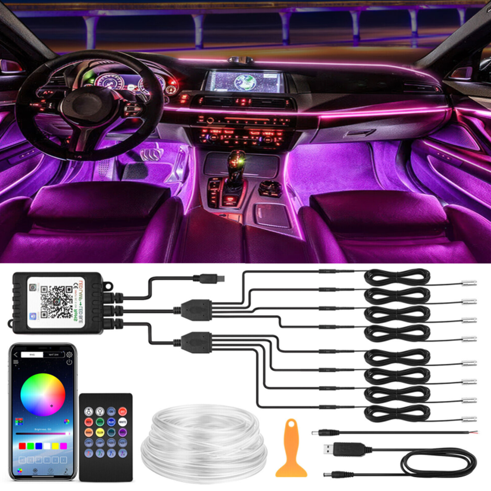 Interior Car RGB LED Strip Lights 8 in 1 Neon Ambient Decor Atmosphere Lights US