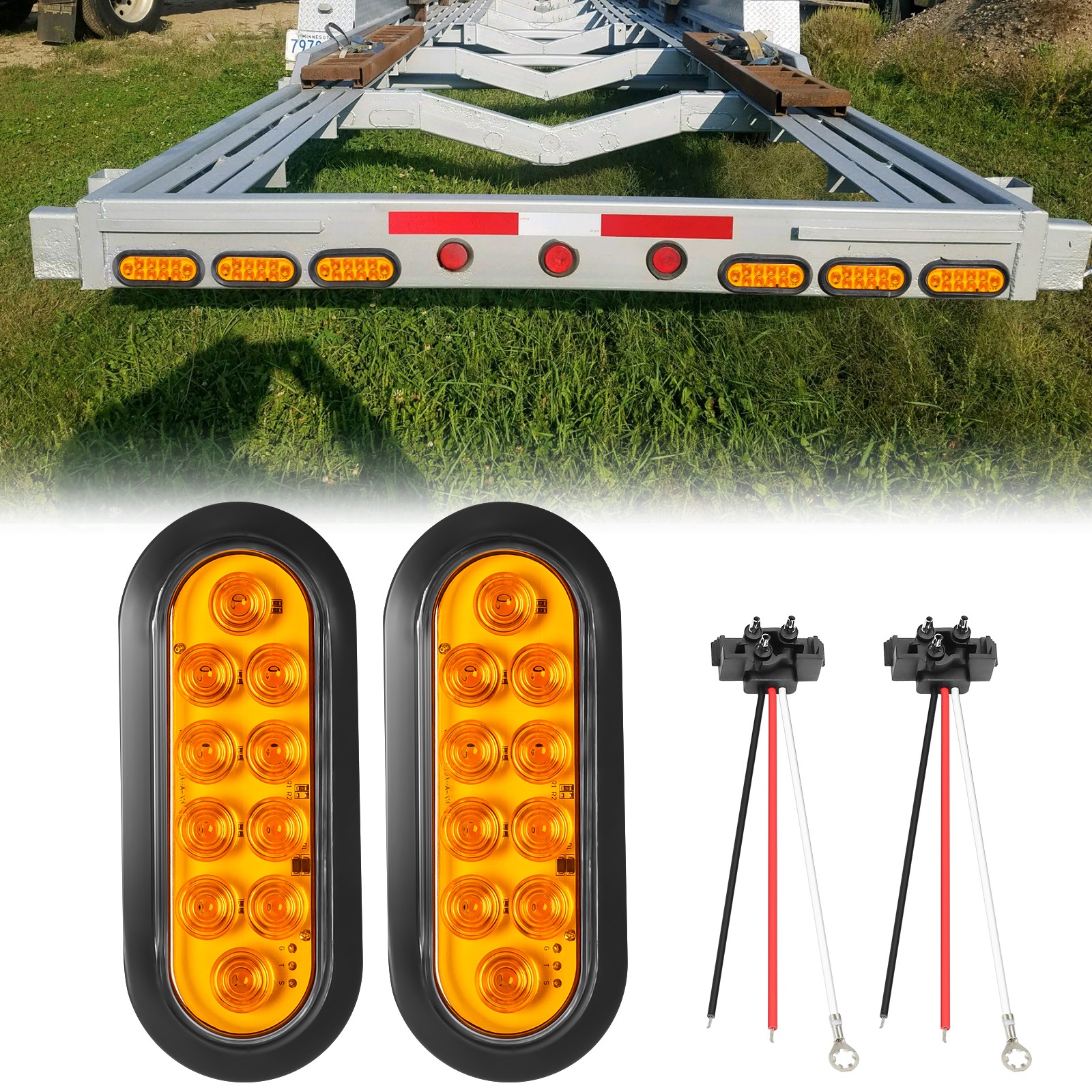 Amber 6″ Oval Trailer Lights 10 LED Stop Turn Tail Truck Sealed Grommet Plug DOT