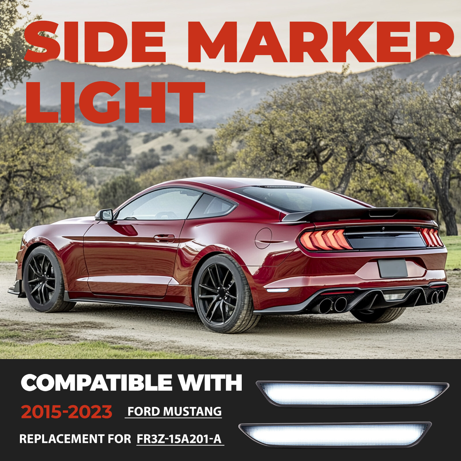 2PCS White LED Side Marker Lights Rear For Ford Mustang 2015-2023 Smoked Lens