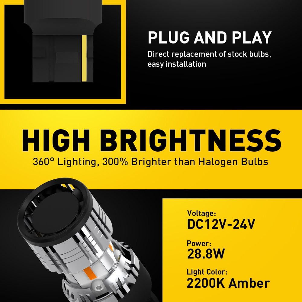 2-20X 7440 Amber LED Turn Signal Light Blinker Bulb Error Free Built-in Resistor