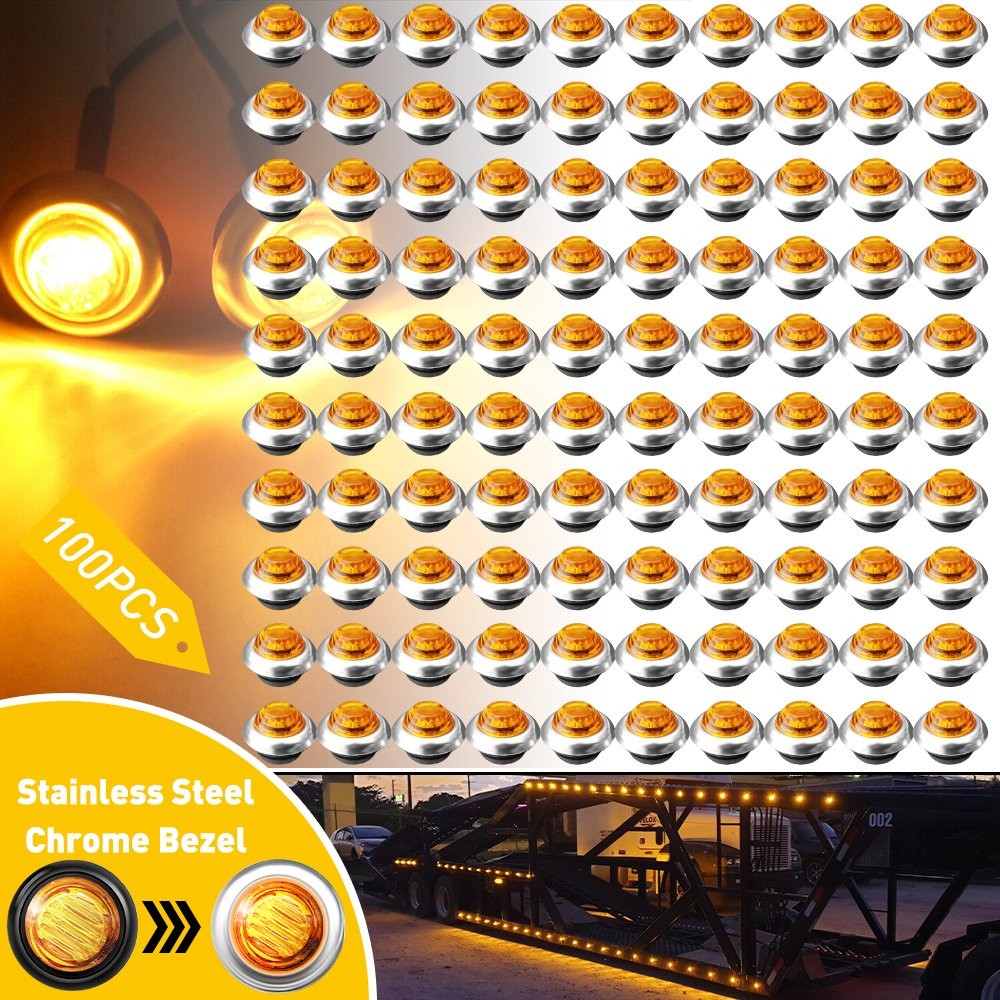 100x 3/4″ Round Amber LED Side Marker lamp Stailness With Base for Truck Trailer