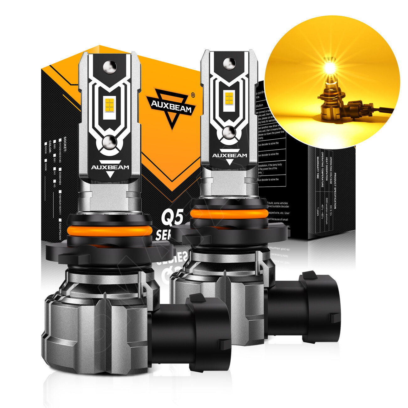 AUXBEAM 9005 HB3 LED Headlight High/Low Beam Bulbs Kit 3000K Super Yellow Bright