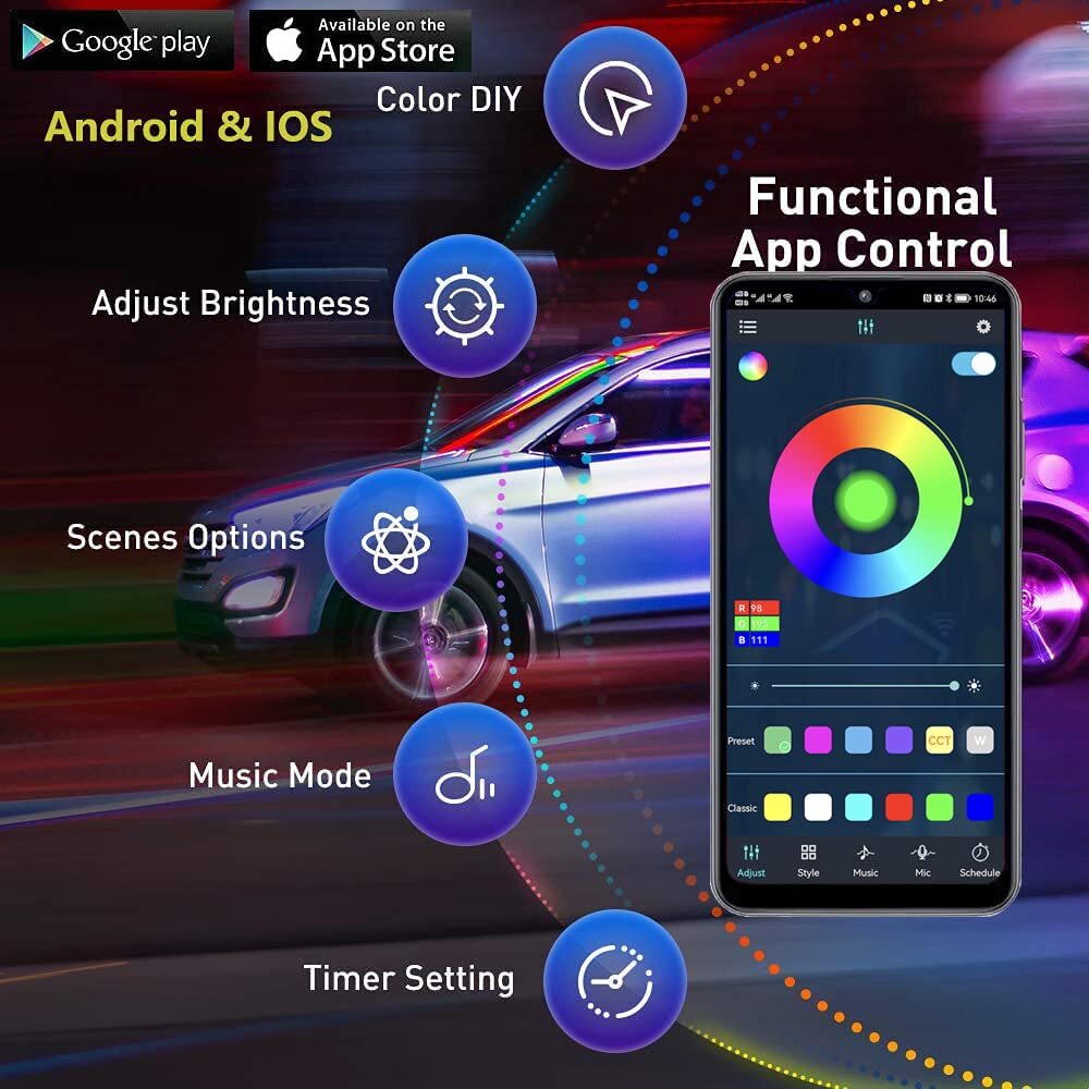 Flowing Dream Color RGB LED Strip Under Car Underglow Underbody Light Kit APP