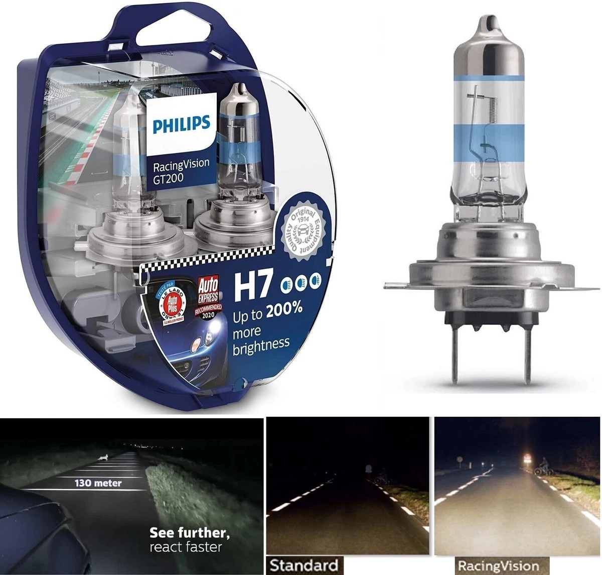 Philips H7 RacingVision GT200 Headlight Halogen Bulbs | 12972RGTS2 | Pack of 2