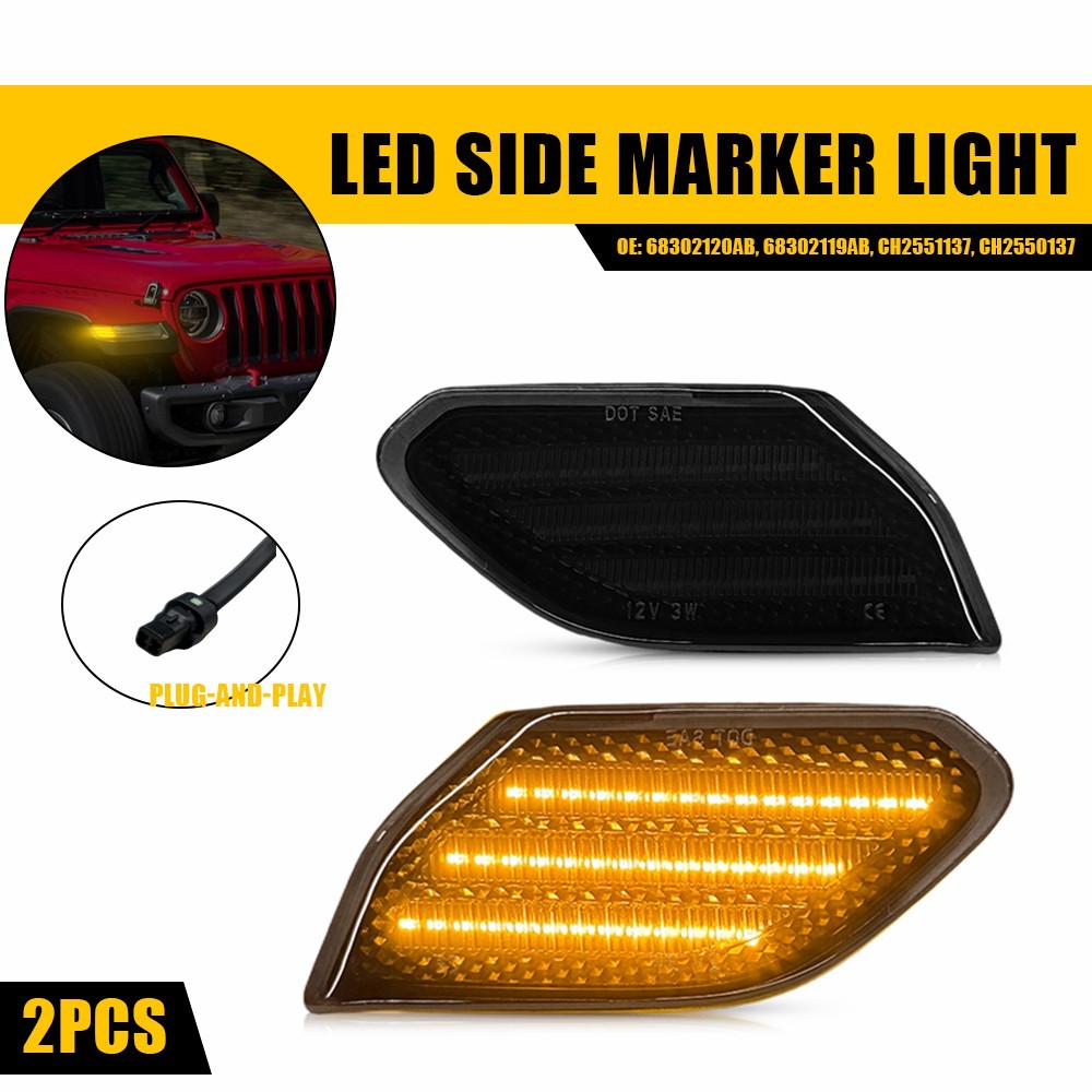 2Pcs Front Left Right Smoked LED Fender Side Marker Lights For 18+ JL / 20+ JT