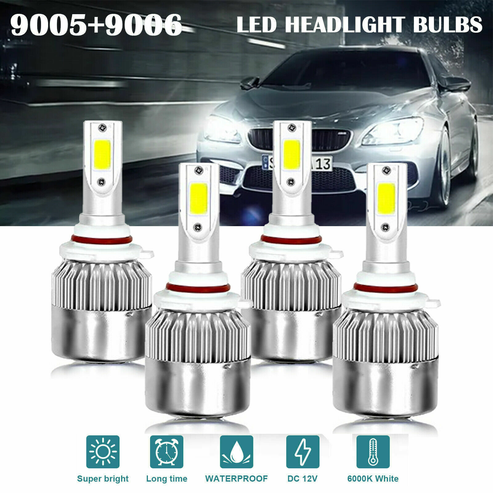 9005+9006 Combo LED Headlight Kit High Low Beam Kit HB3 HB4 6000K 720W 4 Bulbs
