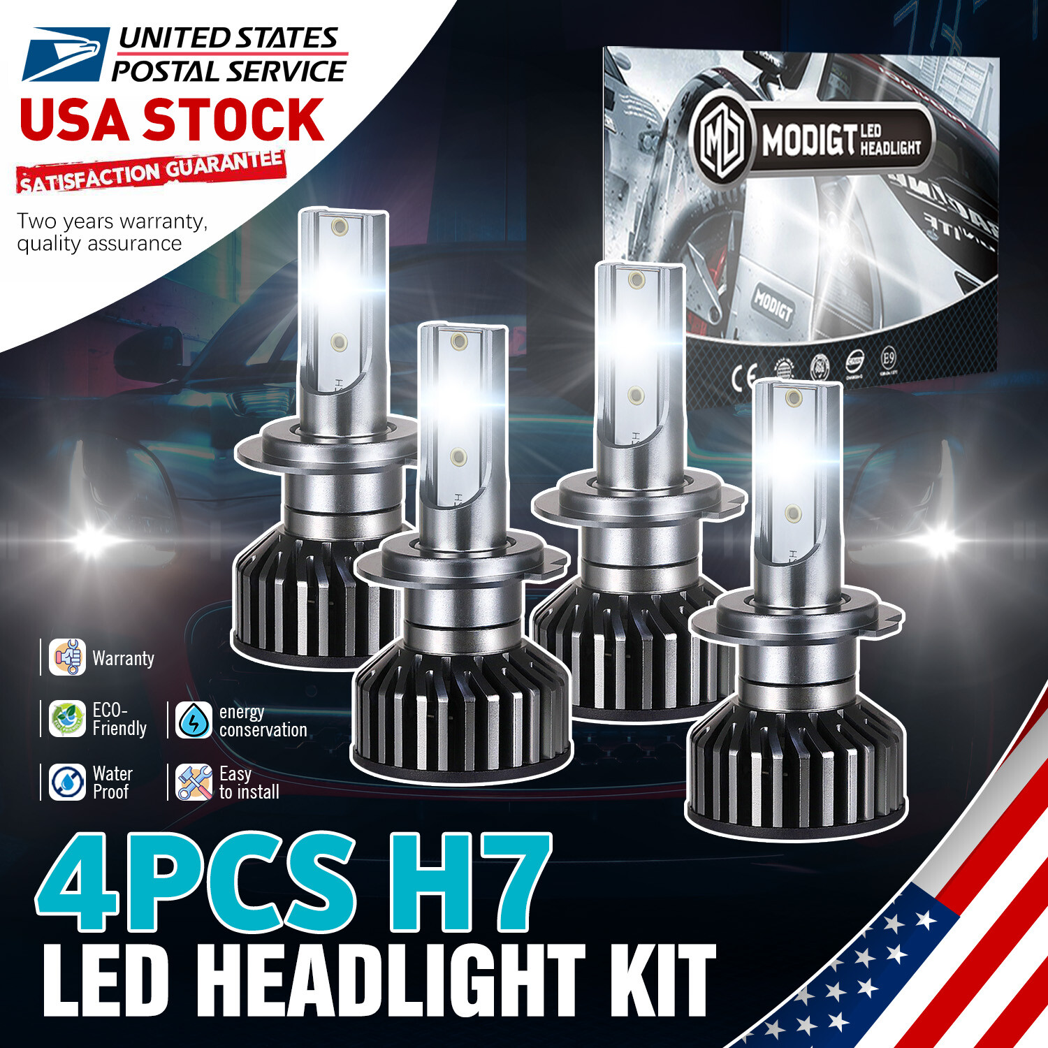 Aluminum casing with built-in fan cooling system 4x H7 LED Headlight 40000LM