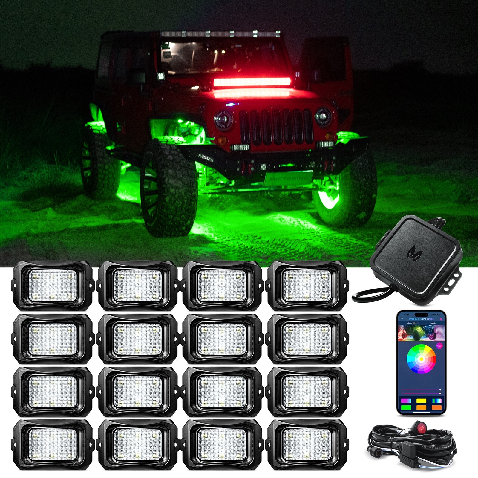 MICTUNING 16 Pods Q1 RGBW LED Rock Lights,Multicolor Underglow Remote Controller