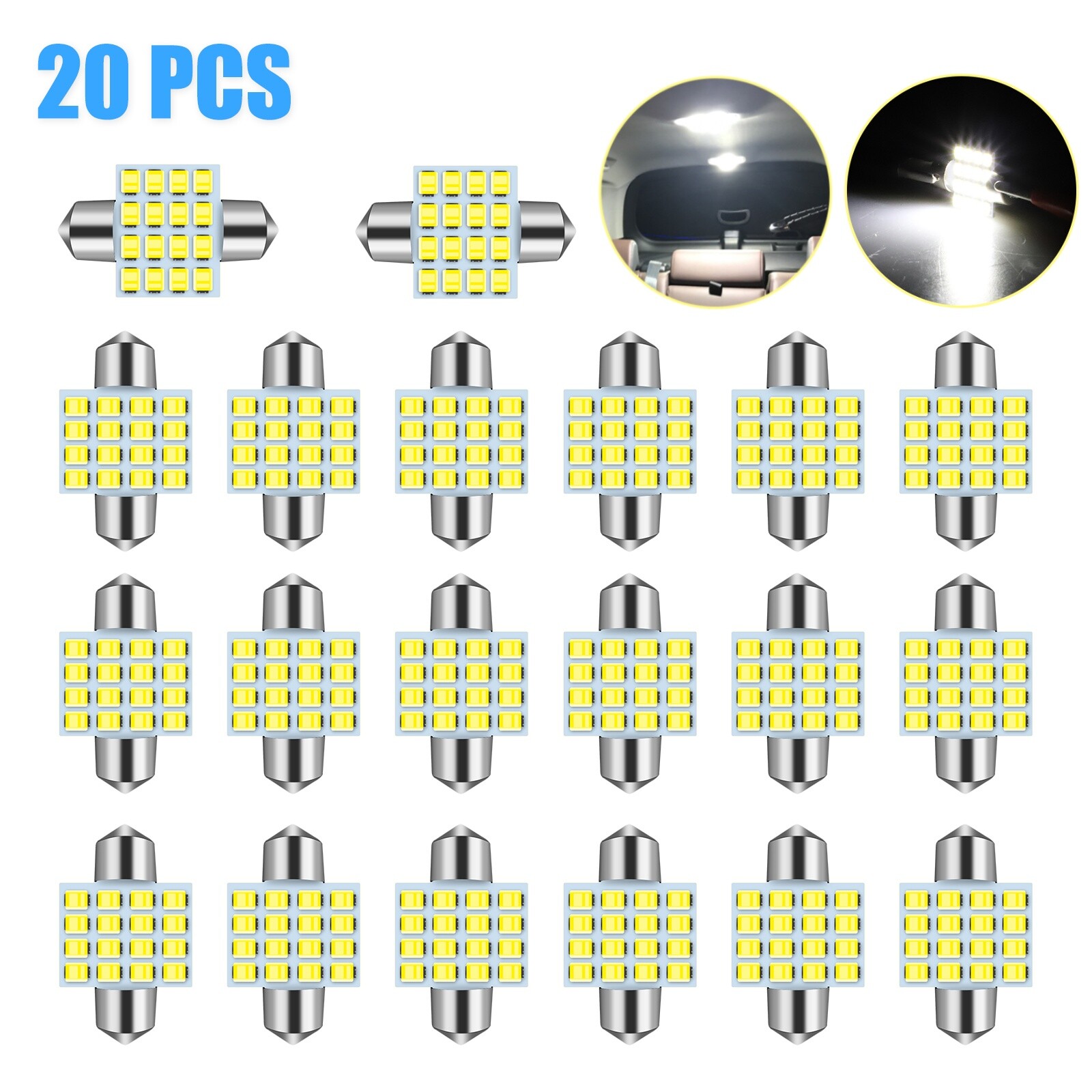 20x 31MM 16-SMD LED Car Interior License Plate Dome Map Light Bulbs Super White