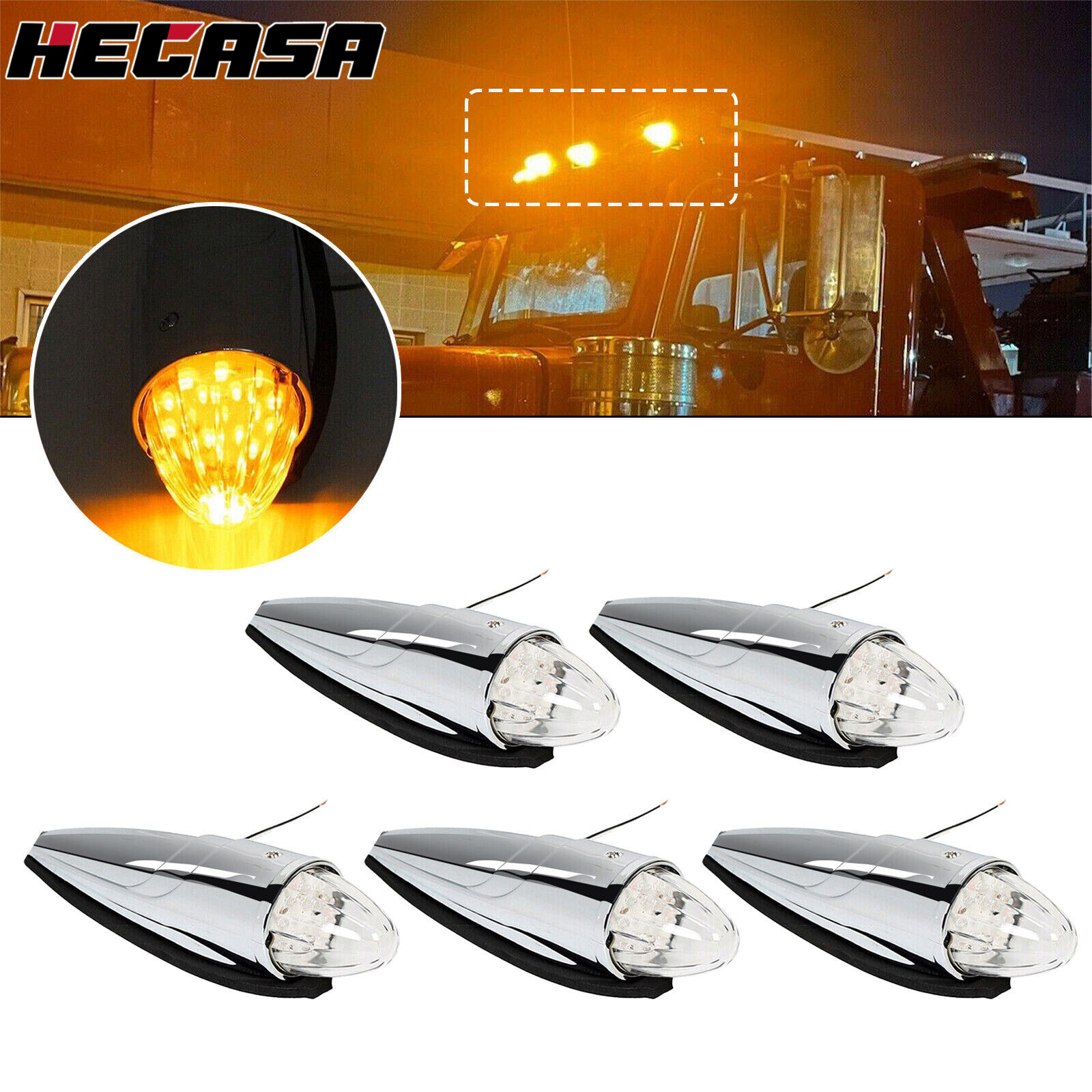 5x Clear/Amber 17 LED Torpedo Cab Marker Roof Light For Peterbilt Kenworth Mack