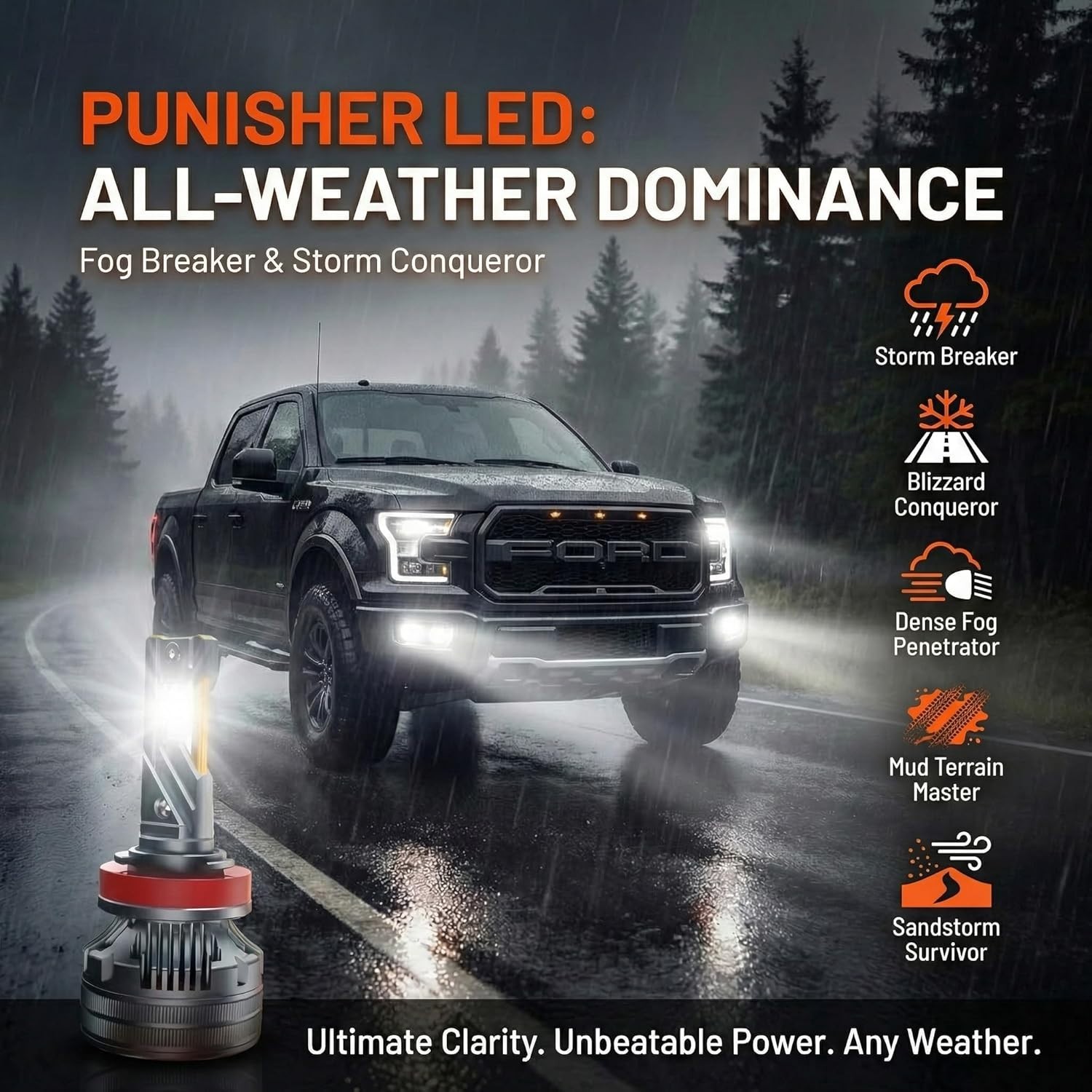 Punisher H7 LED Lights: 60000LM, 140W, Triple Copper Cooling, 6000K Pure White