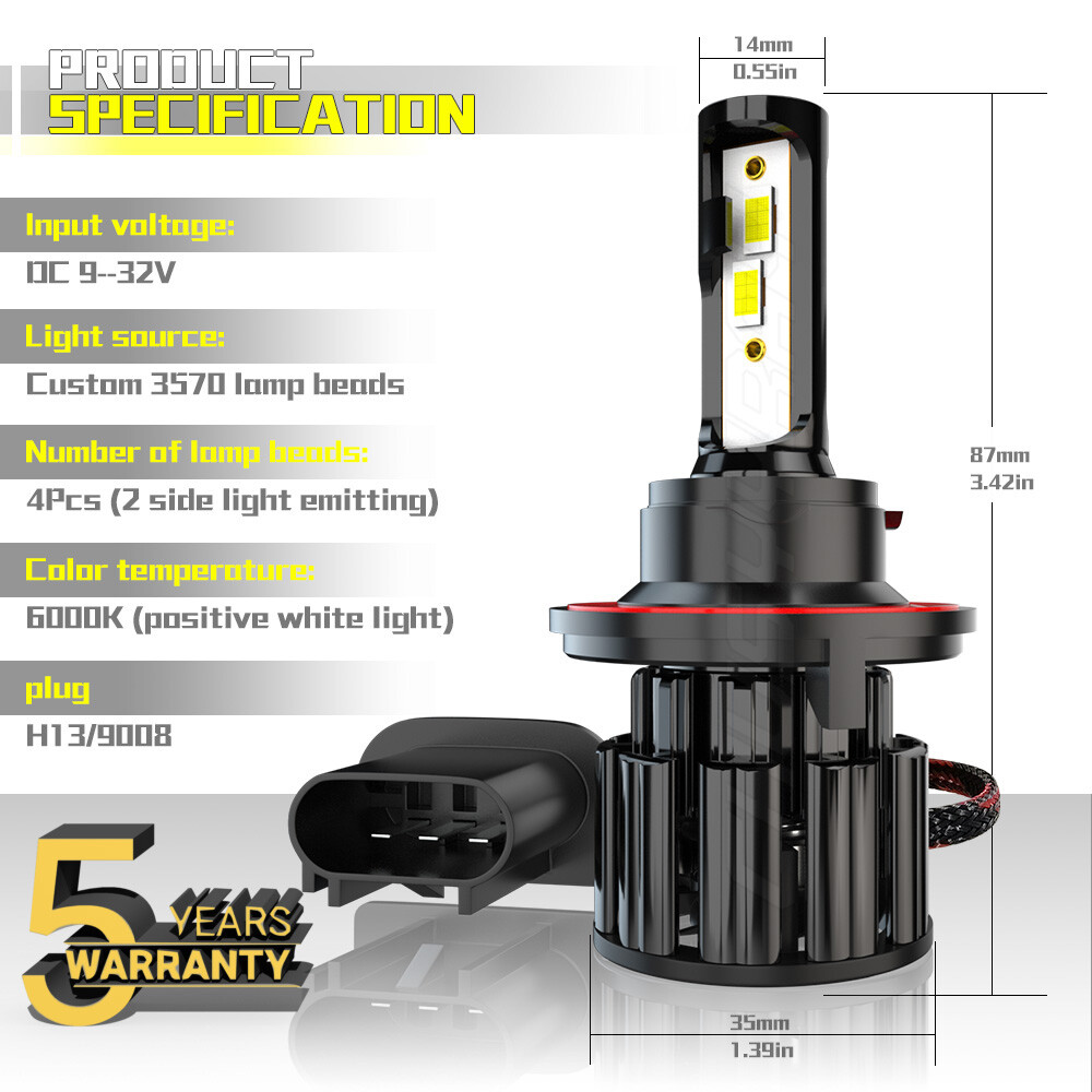 H13 9008 LED Headlight Bulbs Kit 100W 20000LM High & Low Beam Super Bright White