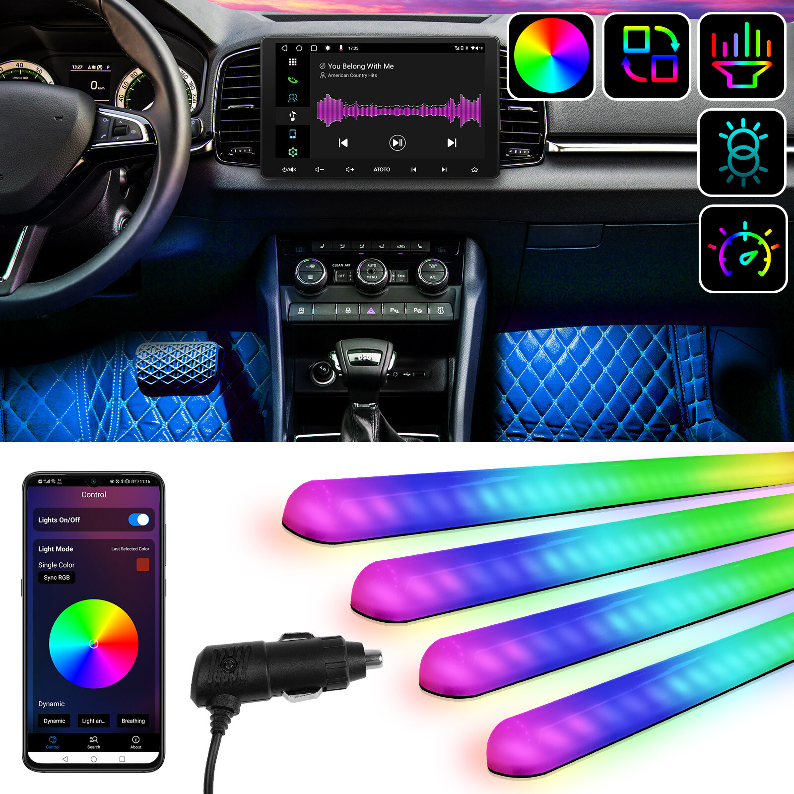 ATOTO Car 160 LED RGB Light Smart Interior Light w App Control,DIY 21 Music Mode