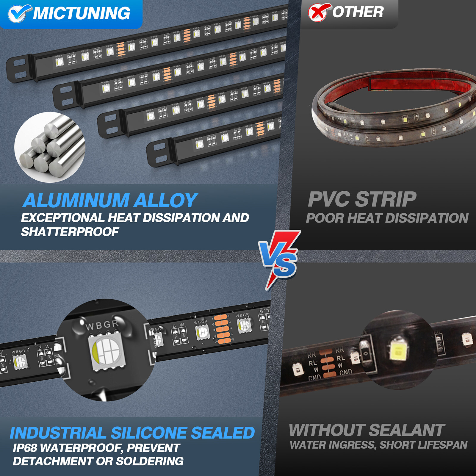 8pcs Car Underglow RGBW Aluminum LED Light Strips Exterior Underbody Light Bars