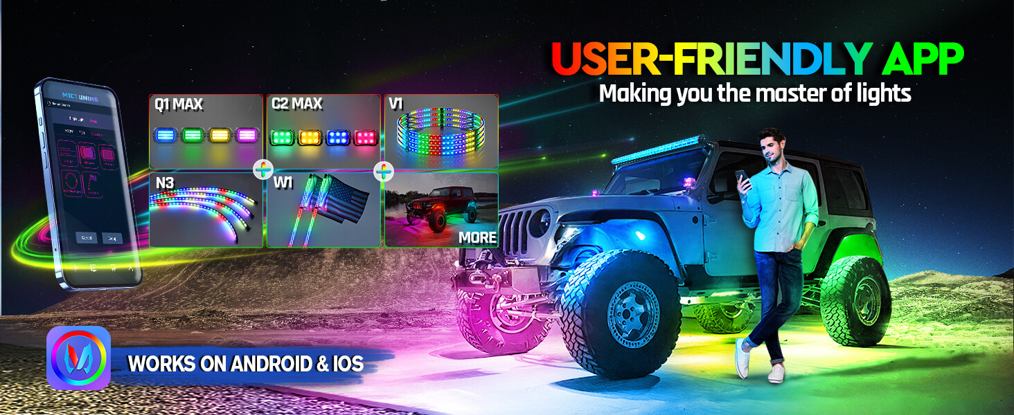 MICTUNING RGB/RGB+IC LED Rock Lights, 8/12/16/20 Pods Underglow Led Chasing Lamp